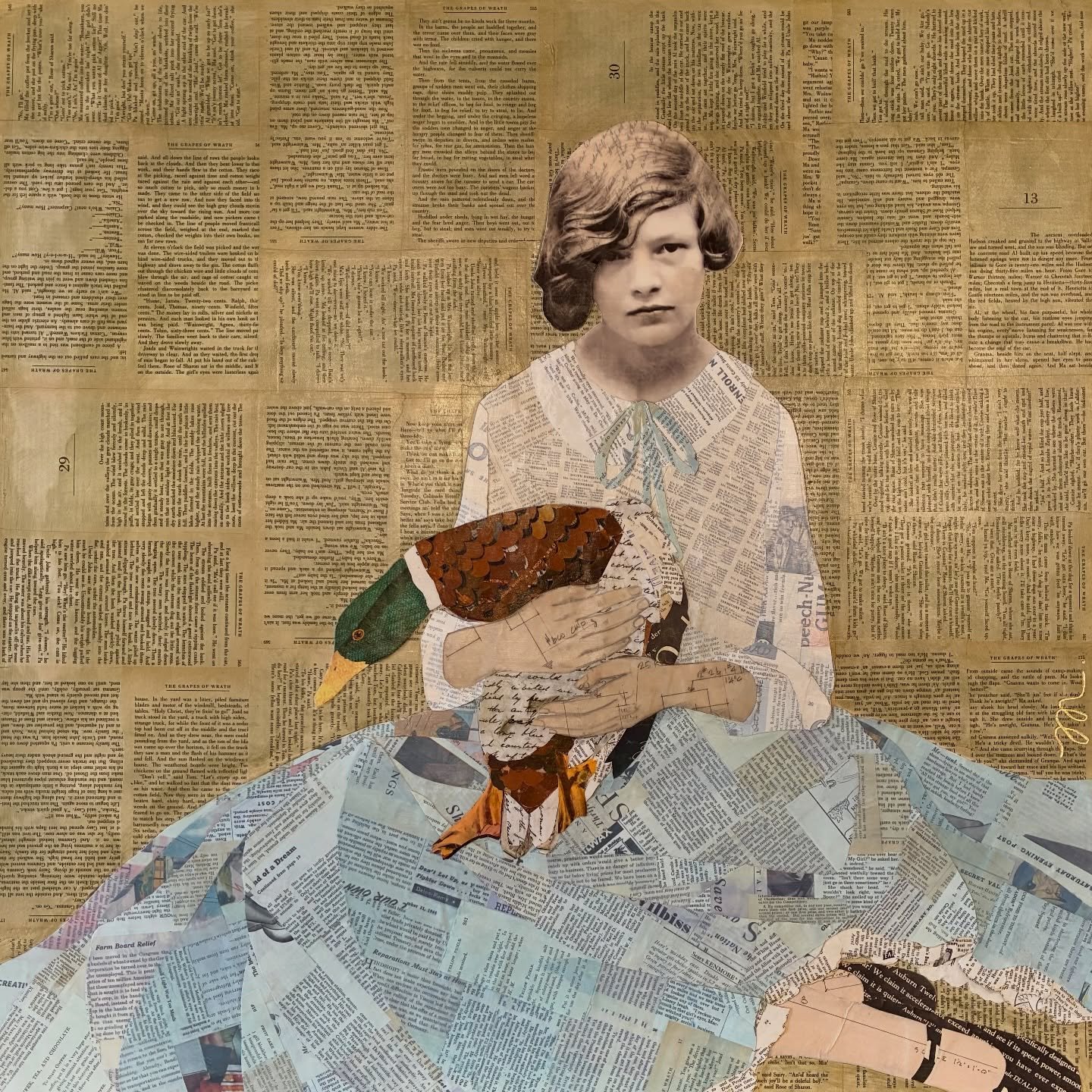 Meet Margaret and Peabody.  Margaret&rsquo;s skirt is pieced together in a quilt-like fashion using ink-stained pages from 1930s&ndash;1940s Collier and Saturday Evening Post magazines. Her blouse is created from the same vintage pages, washed in whi