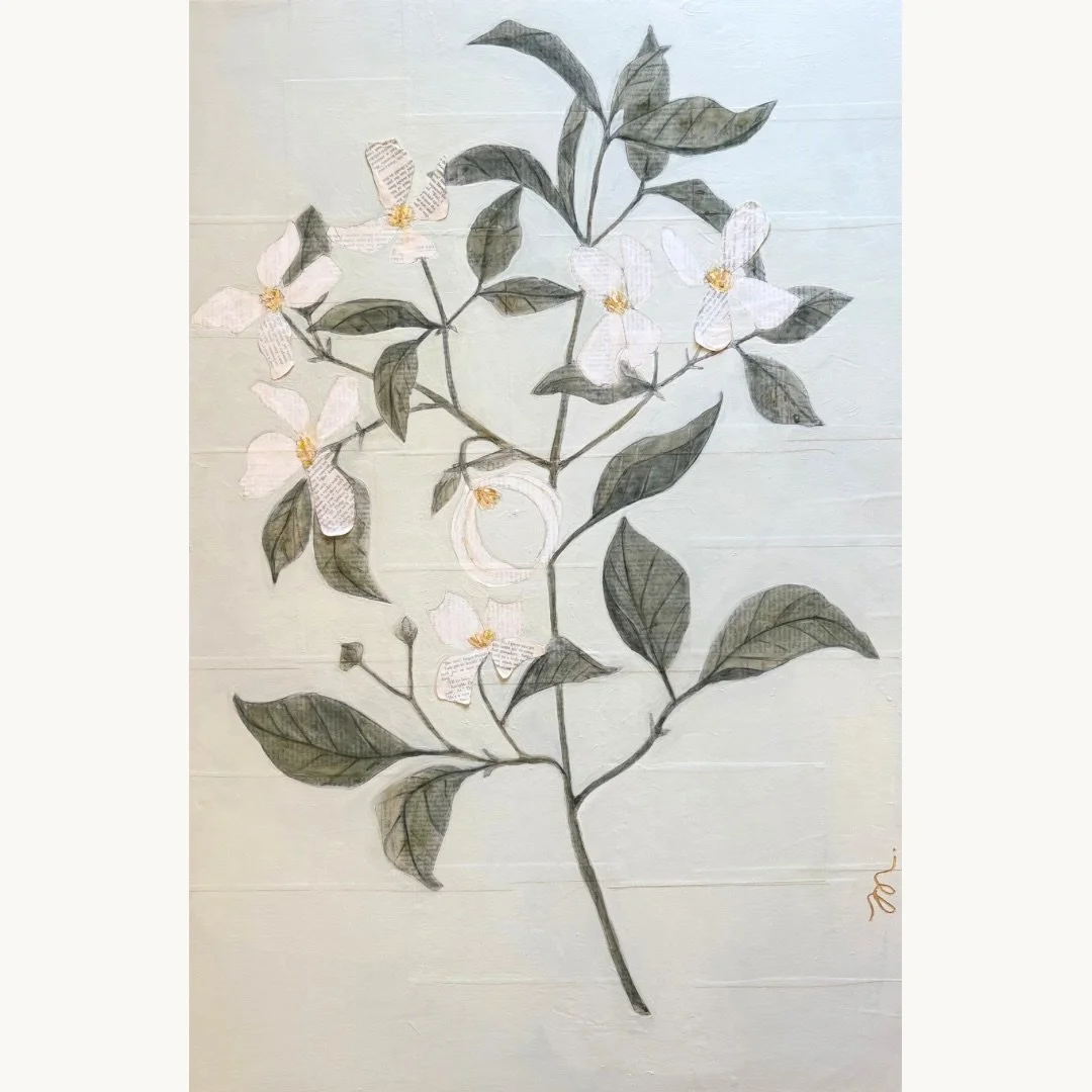 Dogwood botanicals hand drawn and ink stained on literature pages. Each piece is 24x36&rdquo; on wood panel and framed in a gold floater frame. 
#dogwood #papercollage #nashvilleartist #botanicalillustrations #dogwoodtree