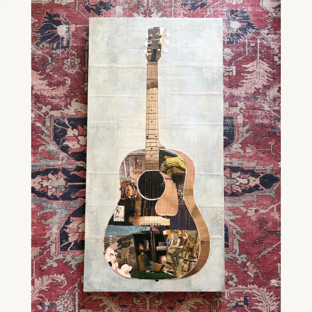 Meet Emmy Lou. This paper guitar is created with vintage Collier Magazines and a variety of contemporary magazines on a 20&rdquo;x40&rdquo; wood panel. The background is layered with pages from Grapes of Wrath and washed in a gray parchment. Availabl