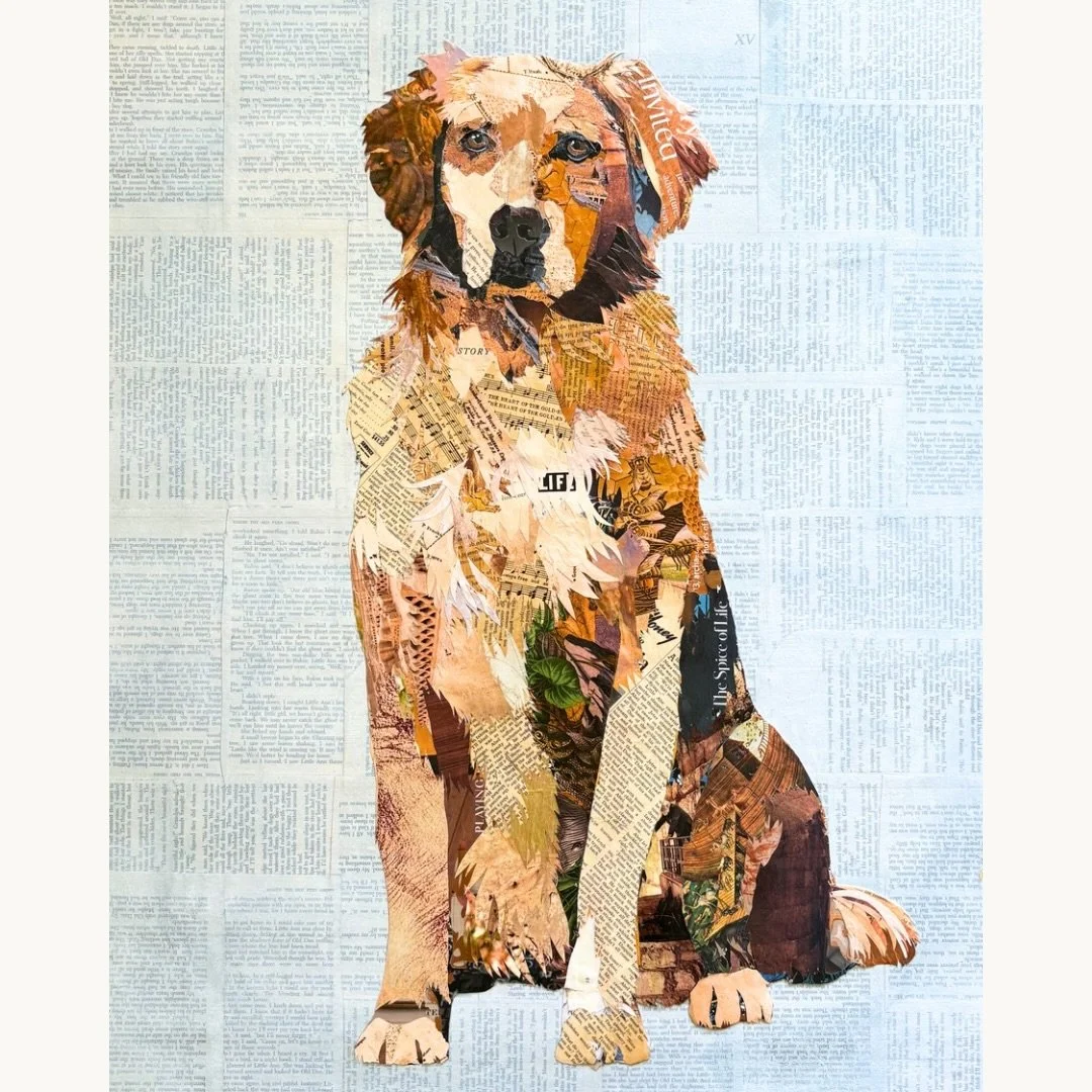 Meet Cooper. Pieced together with vintage magazines, maps, National Geographics and more. Can you find the cowboy riding the horse tucked in his fur? He sits on a 24&rdquo;x30&rdquo; wood panel with a background layered with pages from Where the Red 