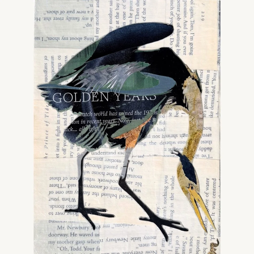 Three minis created from a variety of magazine scraps, the background is layered with pages from The Prince of Tides. #charleston #paperartist #nashvilleartist #paperbird #artcollector