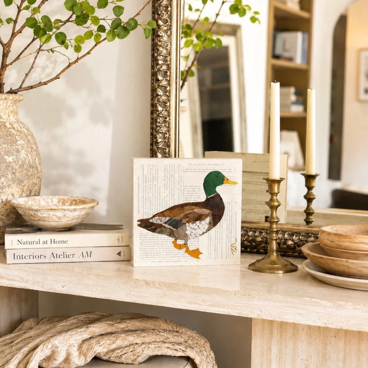 Wrapping up on a few ducks. Meet Finn, Frances and Frederick, pieced together with vintage and contemporary magazines, one restoration hardware catalog and a vintage map. Each duck is placed on a 10&rdquo;x10&rdquo; wood panel layered with cream wash