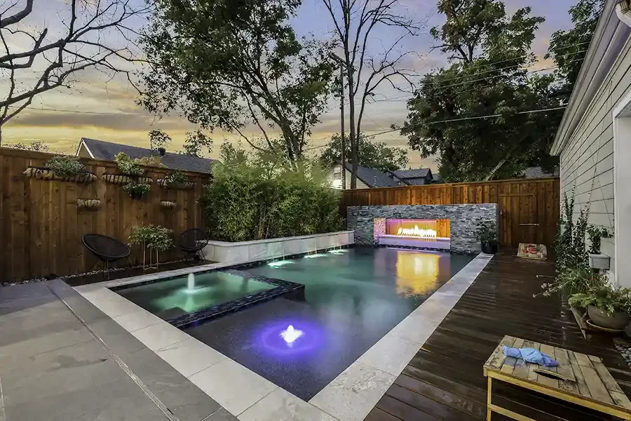 Contemporary Pool with Spa and fire pit
