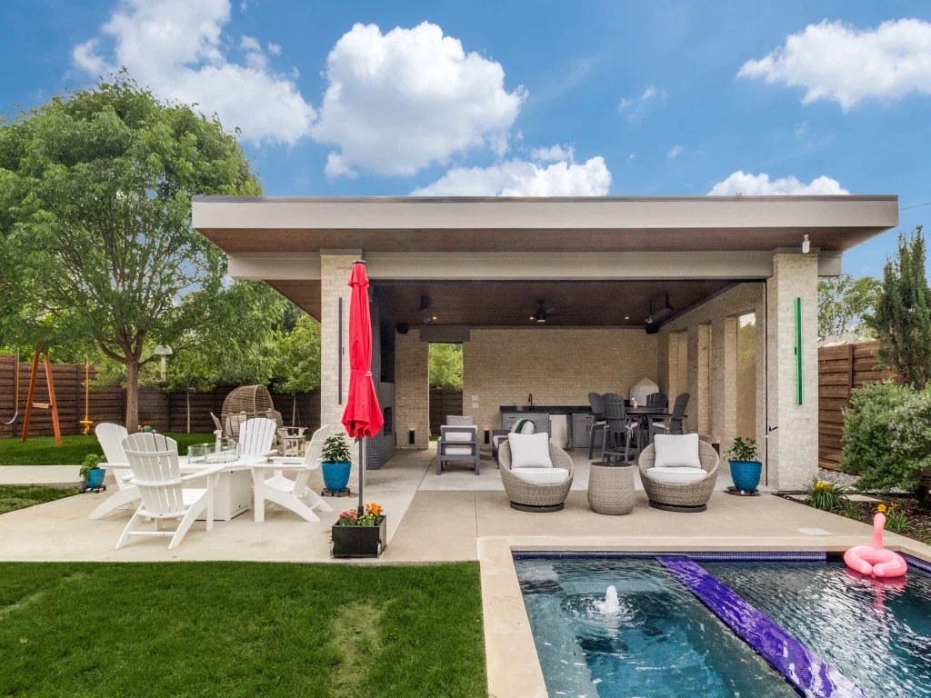 A poolside freestanding patio cover.