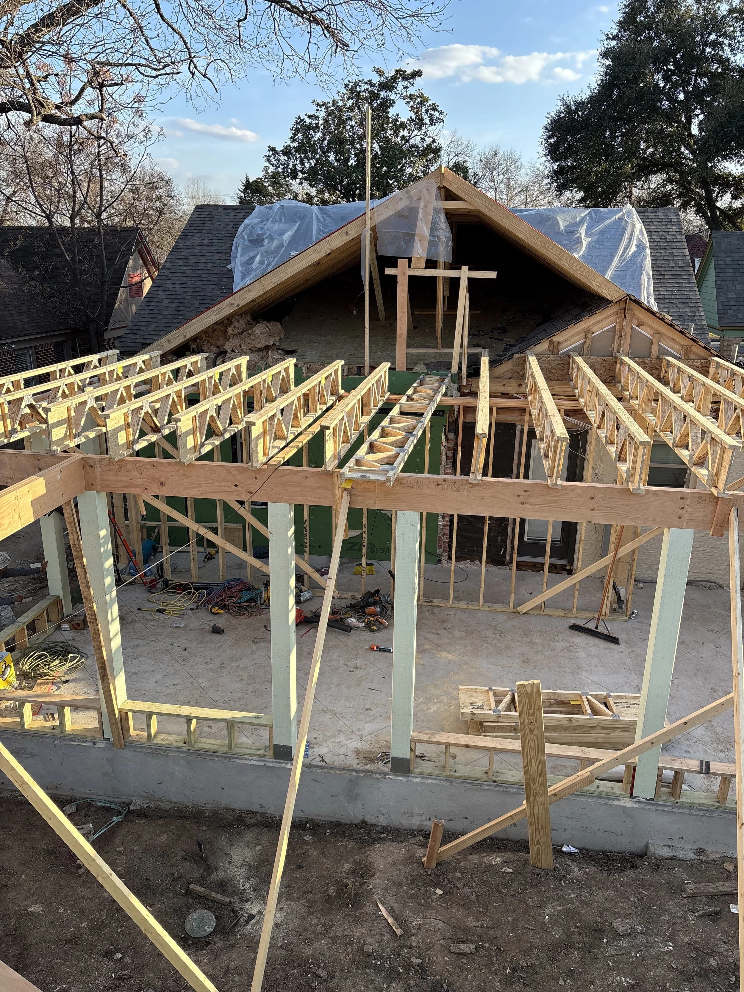 A patio cover in the build process in Dallas-Fort Worth.