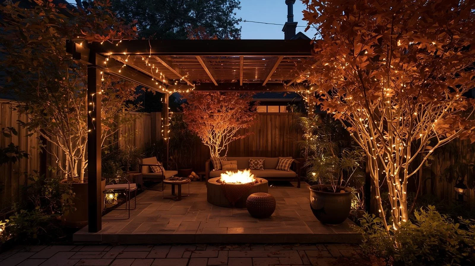 An outdoor patio at dusk with string lights, potted trees wrapped in lights, a firepit in the center, and outdoor furniture including a sofa and chairs, all enclosed by a wooden fence.