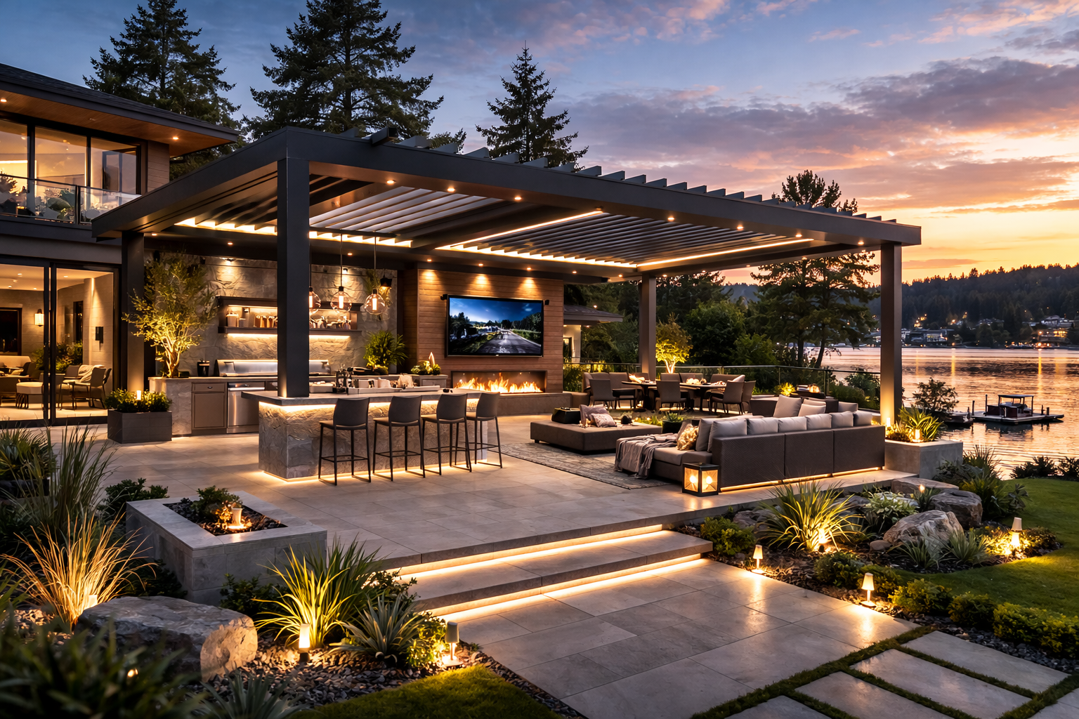 Elegant outdoor living space at sunset featuring a covered patio with seating, a mounted TV, a fire pit, and a view of a river or lake surrounded by trees, with landscape lighting and lush greenery.