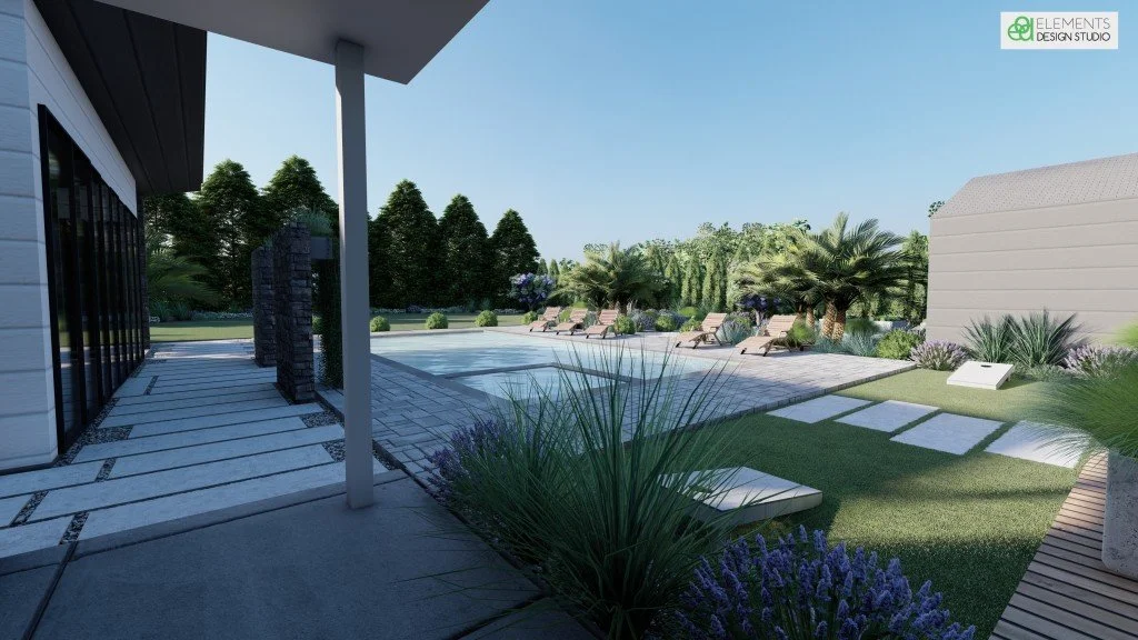A backyard with a modern patio, swimming pool, lounge chairs, and lush greenery.