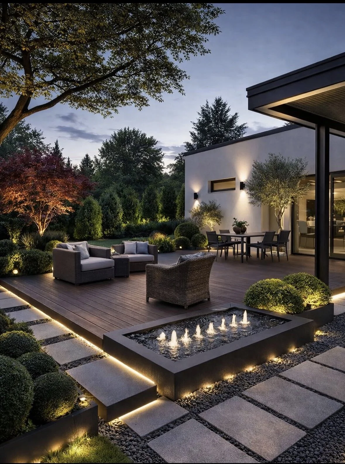 Modern backyard patio with outdoor furniture, water fountain, ambient lighting, trees, and a house exterior at dusk.