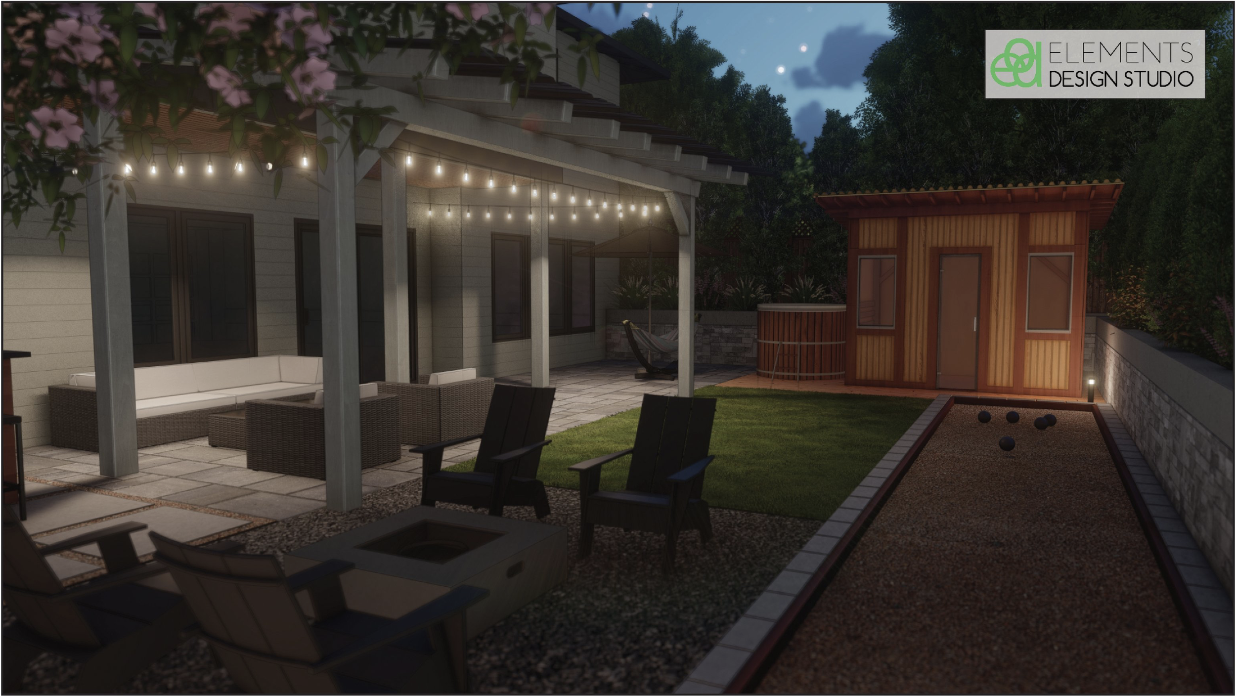 Nighttime backyard with string lights, outdoor seating, a small wooden shed, a bocce ball court, and trees in the background.