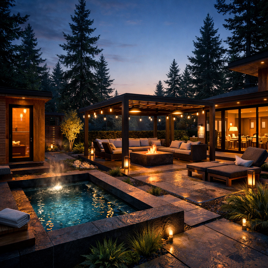 Outdoor living space at dusk with a fire pit, cozy chairs, and a hot tub, surrounded by tall pine trees, with warm lighting and a view of the sunset sky.
