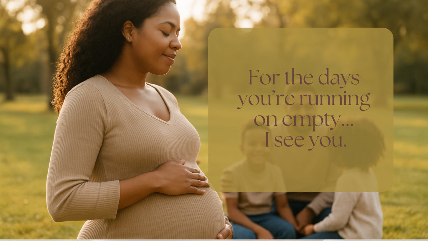 Pregnant woman with long curly hair smiling with closed eyes outdoors in a park, with children in the background, during sunset.