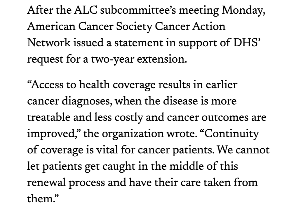 A text excerpt about the American Cancer Society Cancer Action Network supporting a DHS request for a two-year extension, emphasizing the importance of early cancer diagnosis and continuous coverage for cancer patients.