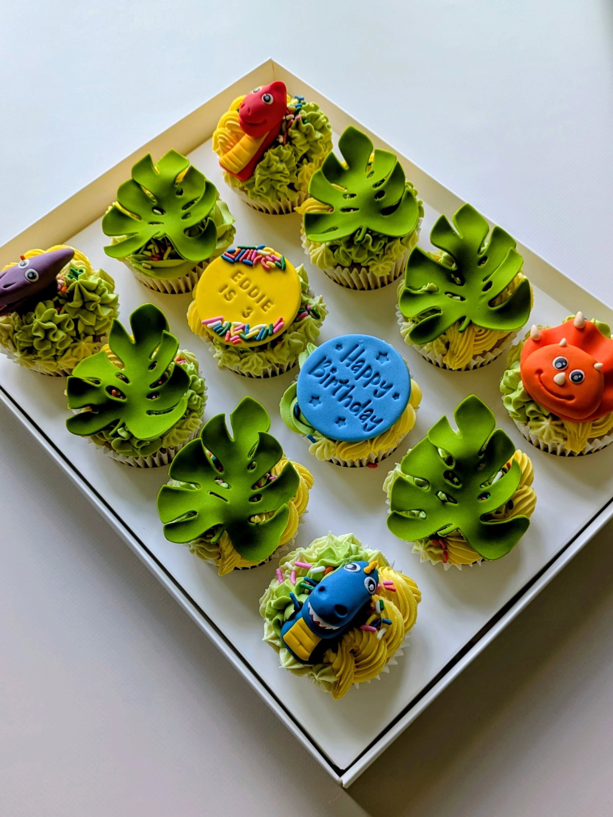Twelve cupcakes. Four dinos. One very lucky three year old! 

Eddie's mum first came to me for her beauty business and those cupcakes were such a hit that when Eddie's third birthday came around, she knew exactly where to come. She's not even vegan. 
