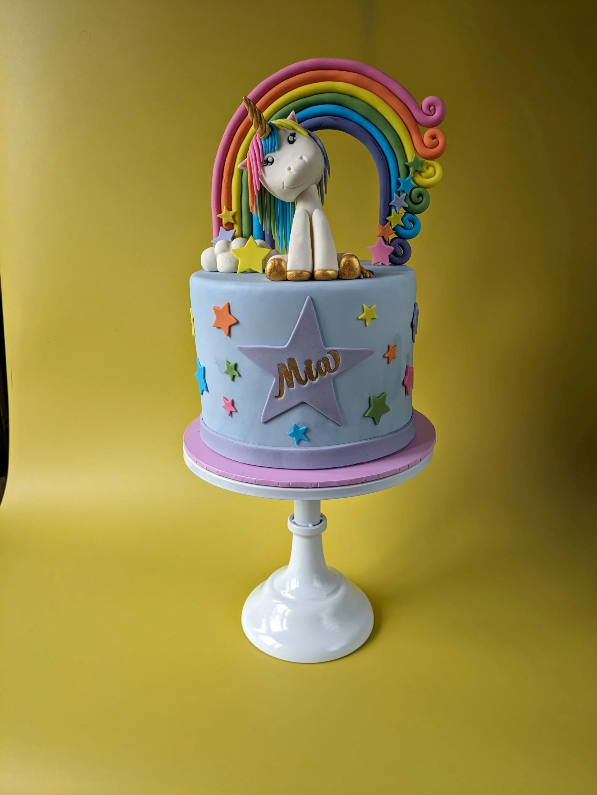 vegan handmade unicorn Birthday cake with handmade rainbow topper bristol