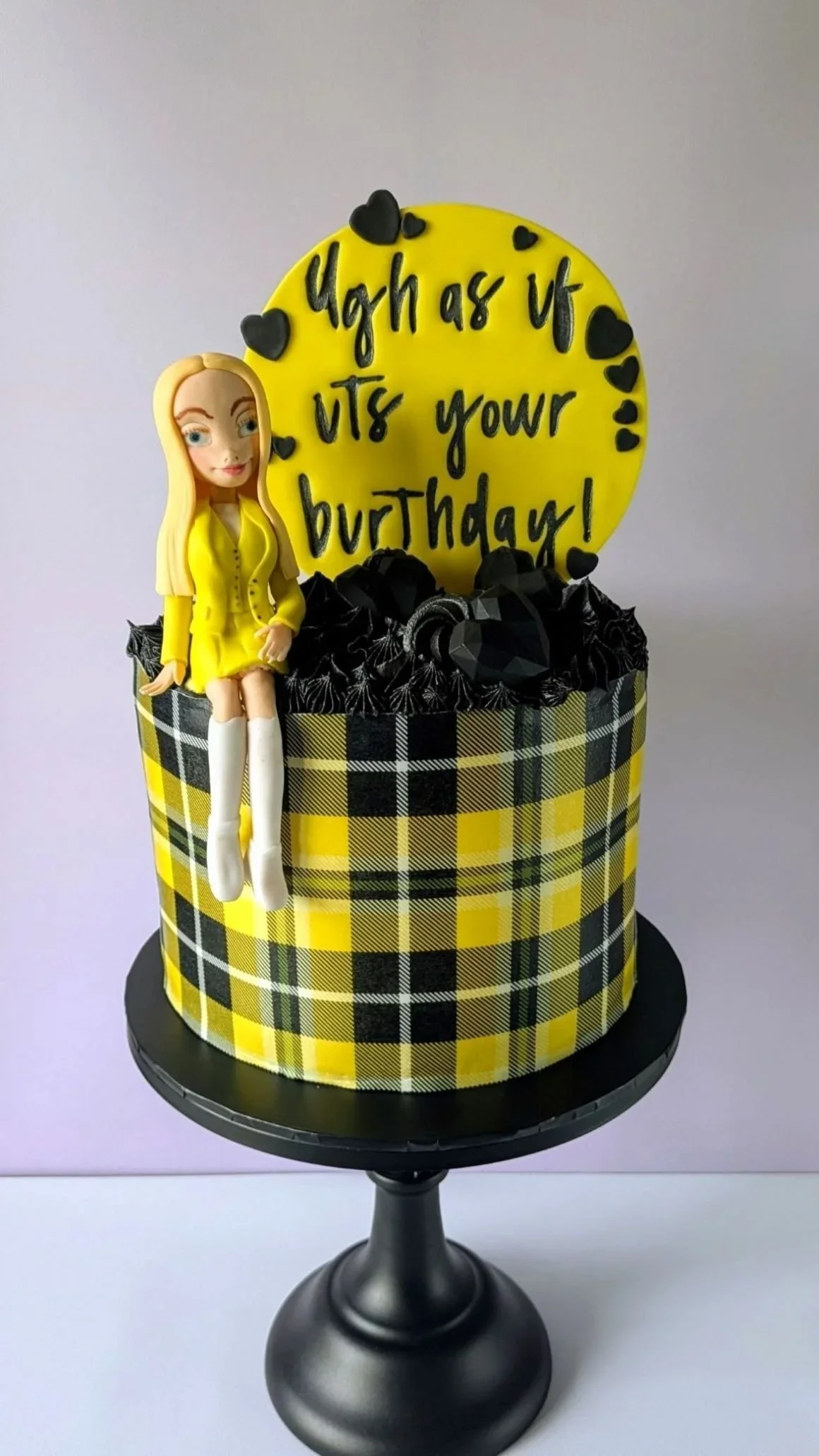 Yellow tartan Clueless themed birthday cake with handmade Cher figure topper, celebration cakes Bristol