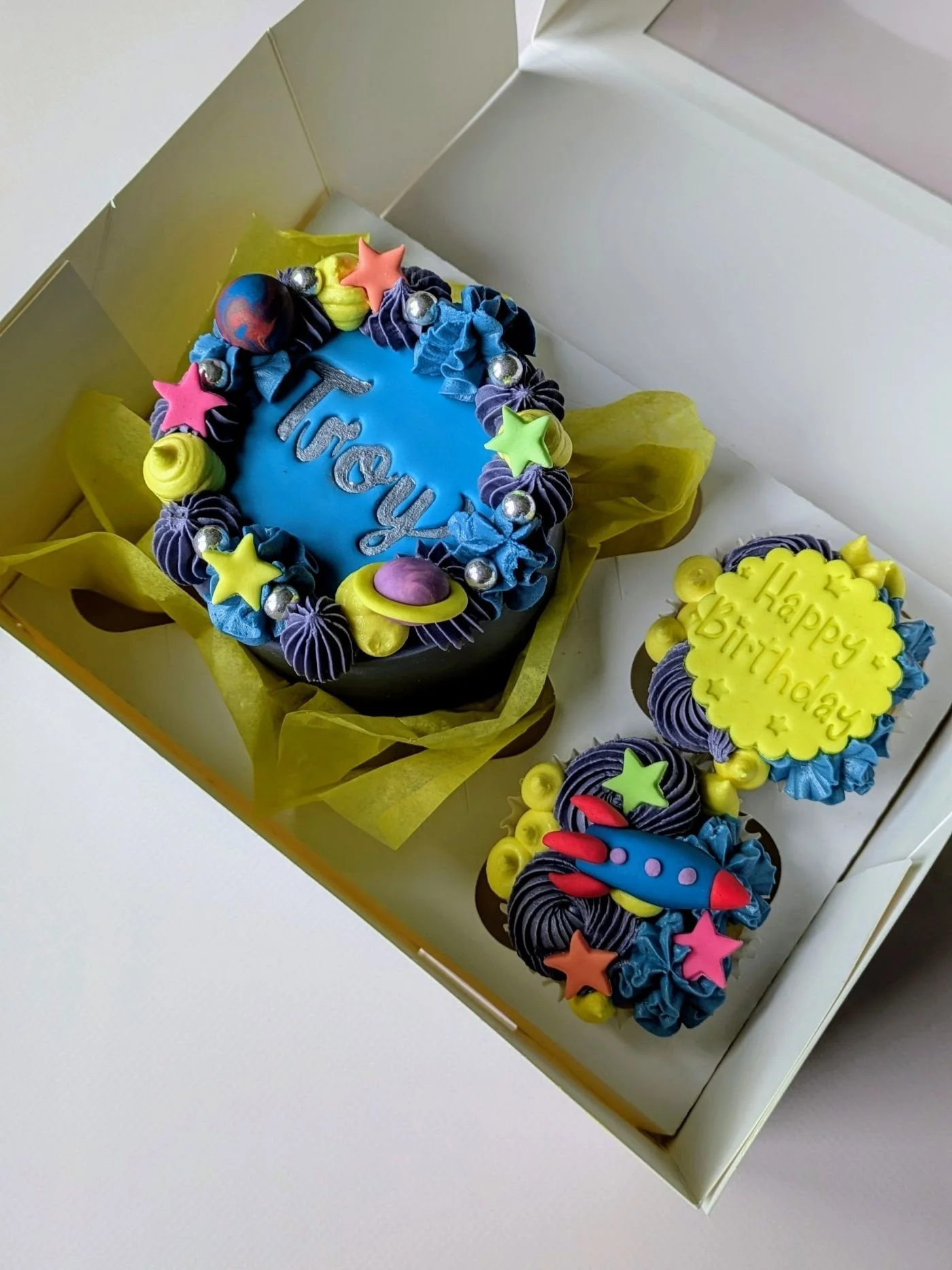 vegan multicoloured space and rocket themed bento cake box Bristol