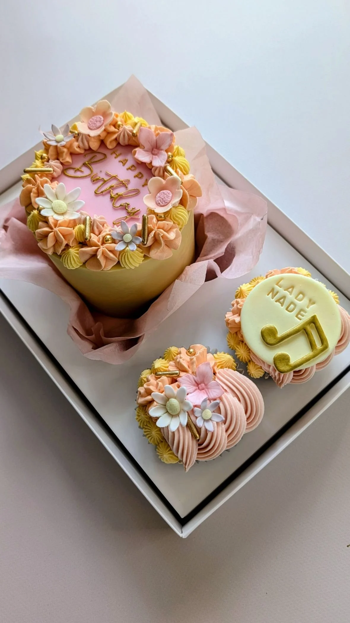 vegan floral & musical pastel birthday cake bento vbox with two matching cupcakes in Bristol.