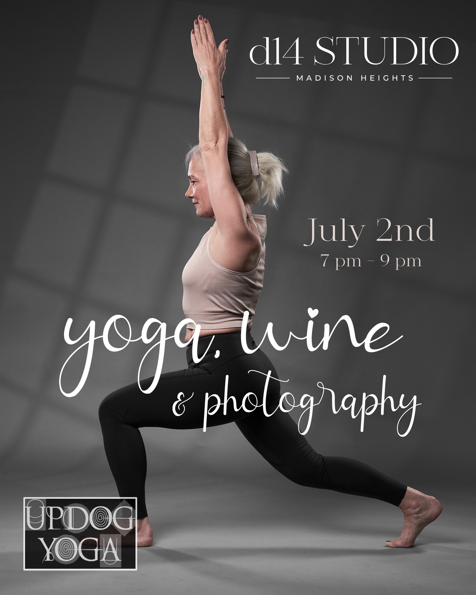 🌟 LIMITED SPOTS &mdash; SIGN UP NOW! 🌟

YOGA &bull; WINE &bull; PHOTOGRAPHY at d14 Studio ✨

🗓 Wednesday, July 2, 2025
🕖 7:00 pm &mdash; 9:00 pm

You&rsquo;re invited to unwind, connect, and get creative at this one-of-a-kind evening at d14 Studi