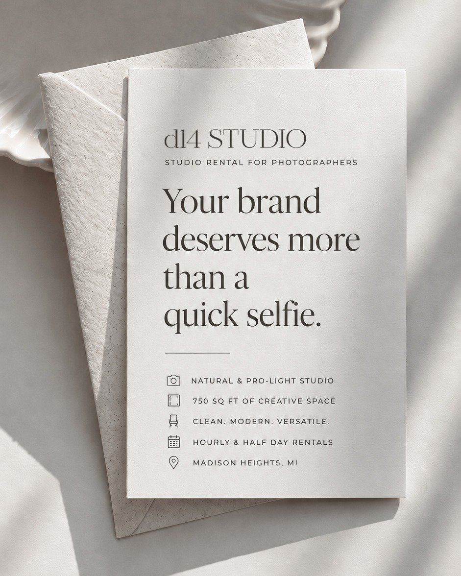Your brand deserves more than a quick selfie.

Whether you're a photographer creating content for clients or a business owner building your personal brand, the space you shoot in matters.

At d14 Studio, you'll find:
✦ Natural + professional lighting
