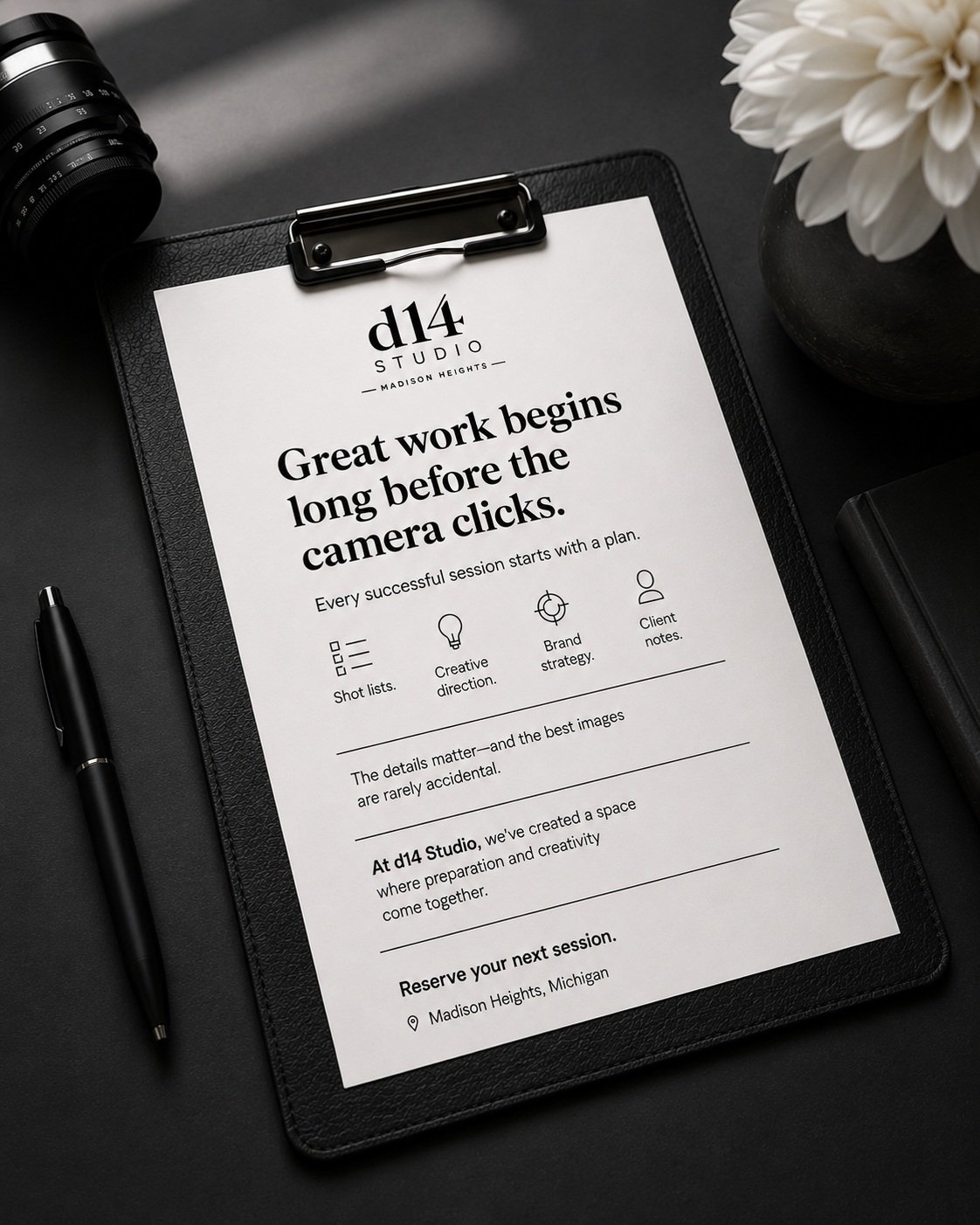 Great images don't happen by accident.

They begin with thoughtful planning, creative direction, and a clear vision.

Whether you're photographing a brand, editorial portraits, or creating content for your business, the environment matters just as mu
