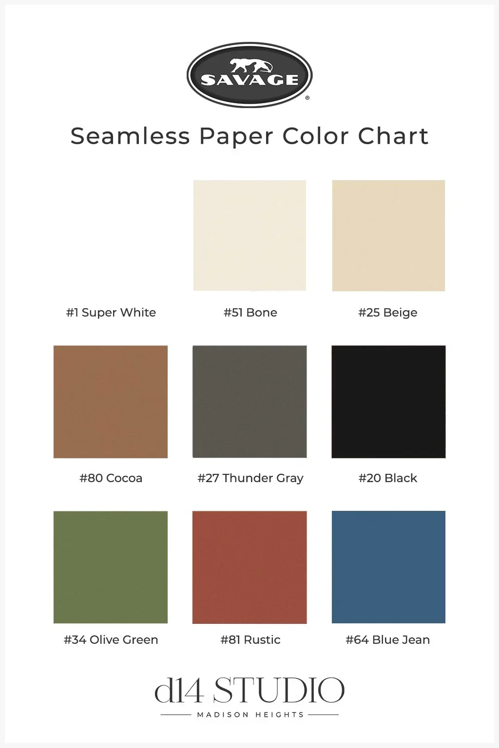 Savage seamless paper color chart showing Super White, Bone, Beige, Cocoa, Thunder Gray, Black, Olive Green, Rustic, and Blue Jean at d14 Studio