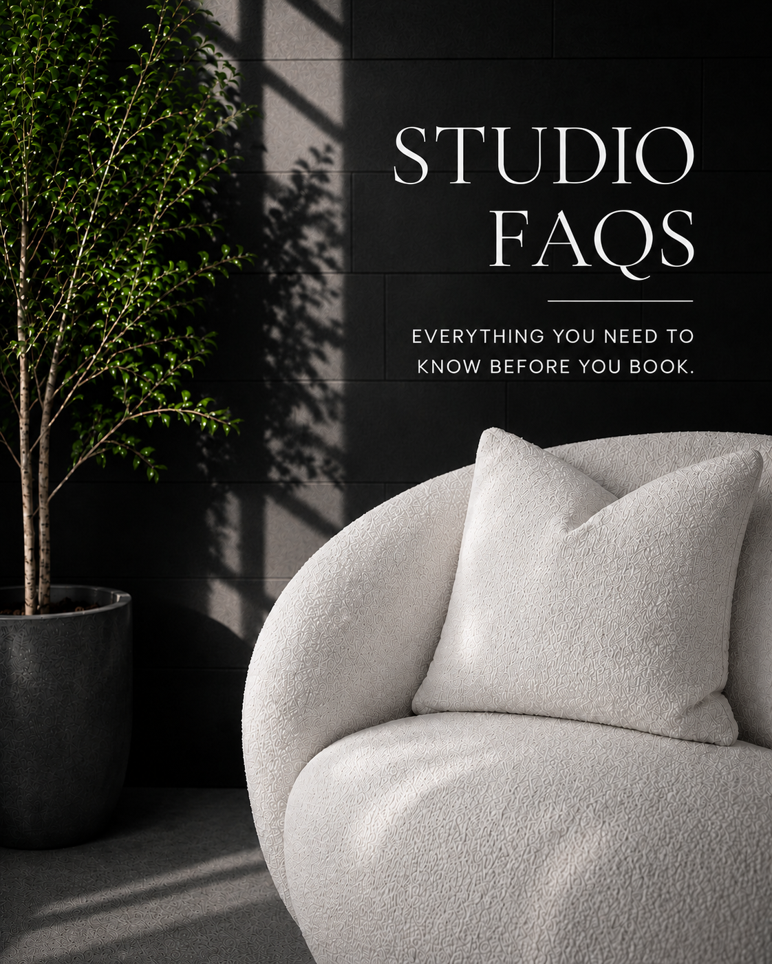 Studio FAQs banner featuring a modern white boucle lounge chair, lush indoor tree, and dramatic window light against a charcoal architectural wall at d14 Studio, a Metro Detroit photography studio rental in Madison Heights, Michigan.