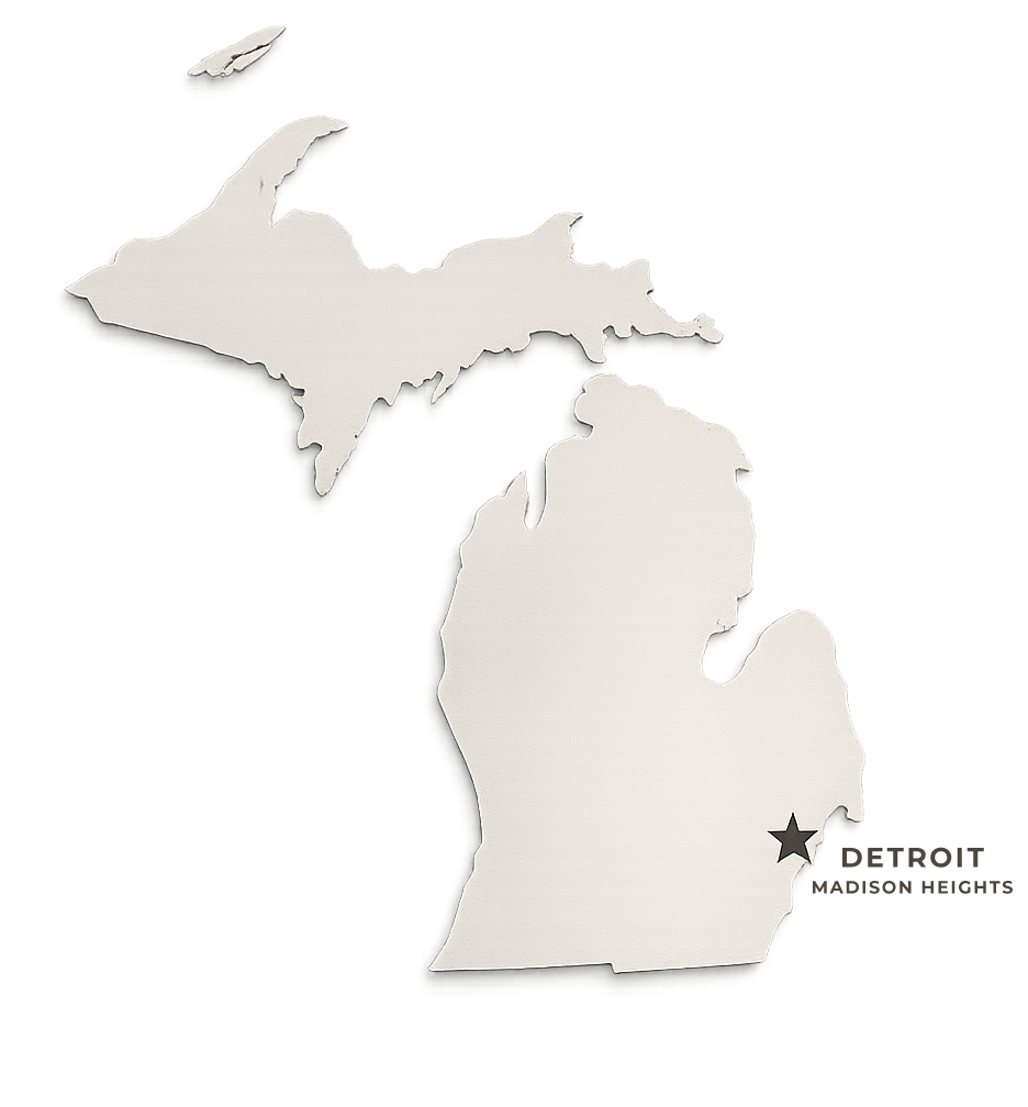 Minimalist Michigan map highlighting the Metro Detroit location of d14 Studio in Madison Heights, Michigan.