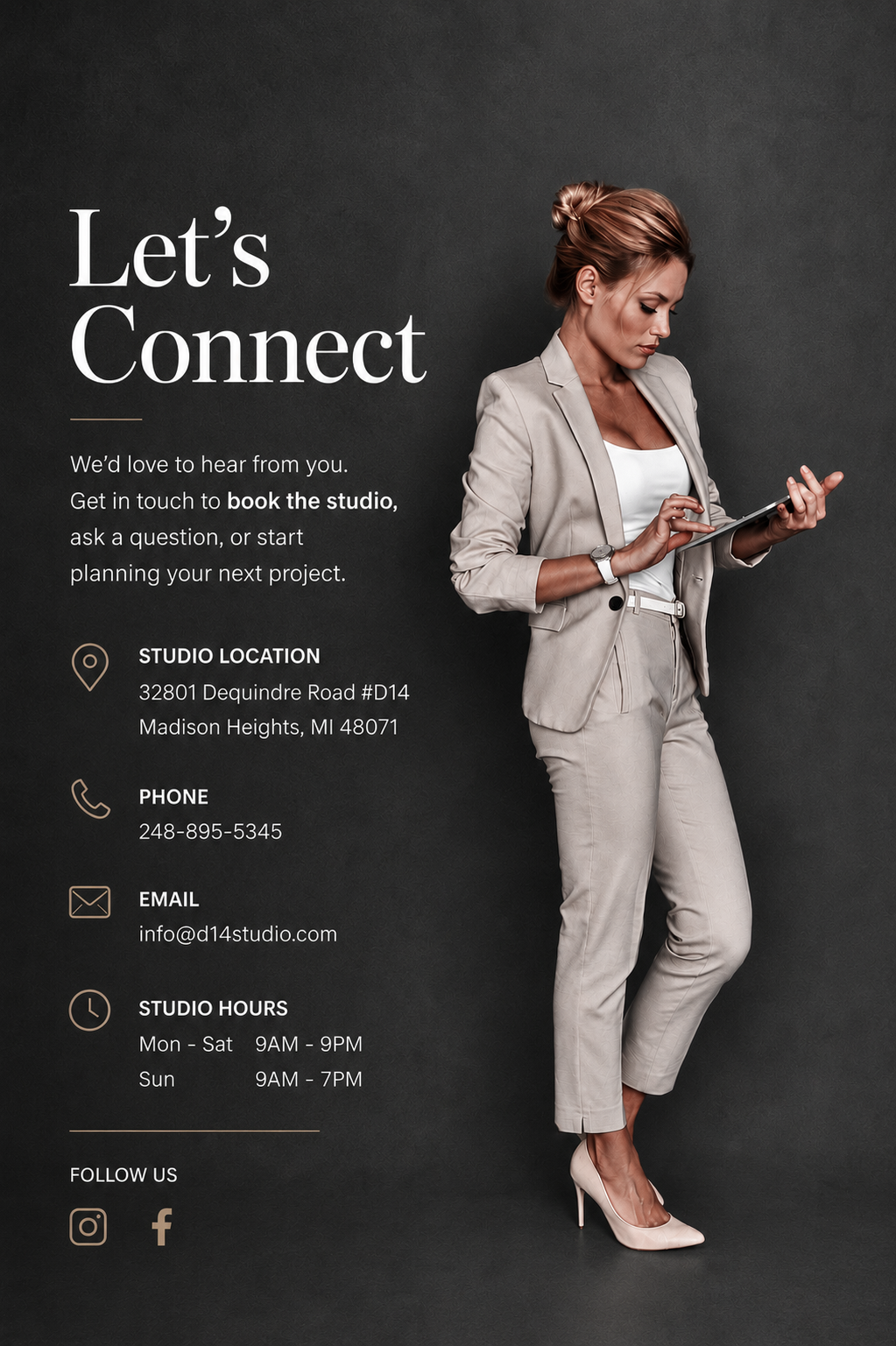 Contact d14 Studio, a photography studio rental in Madison Heights, Michigan serving Metro Detroit photographers, content creators, branding sessions, and commercial productions.