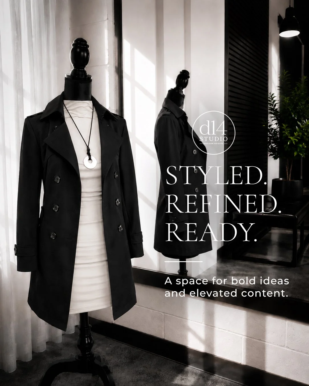 Black trench coat styled on a mannequin in the editorial workspace at d14 Studio, a Metro Detroit photography studio rental for branding, fashion, and content creation.