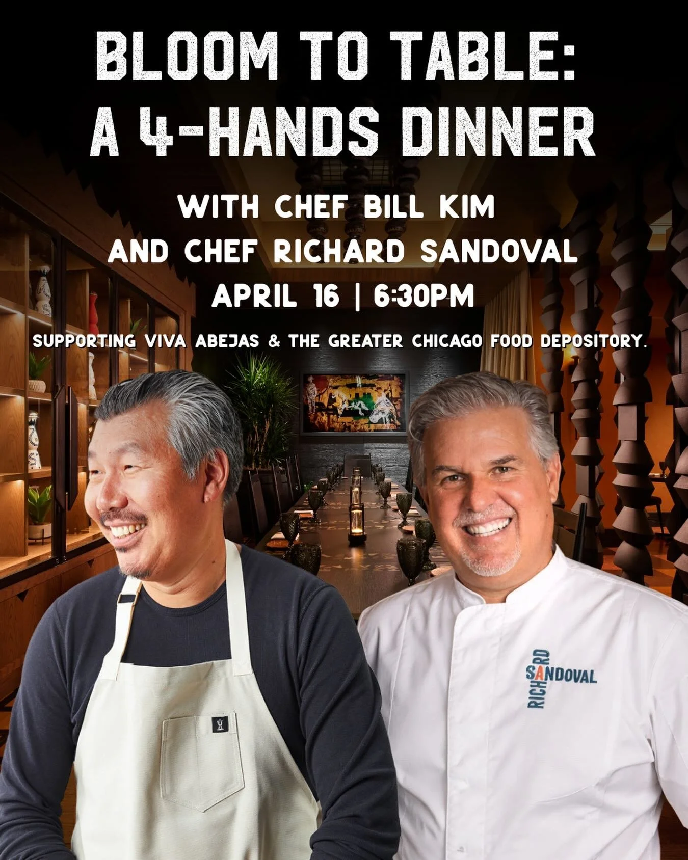 Two incredible chefs, one incredible night.
Experience the journey from bloom to table on April 16 with @chefbillkim and @chefrichardsandoval through an exclusive 4-hands dinner supporting Viva Abejas and the Greater Chicago Food Depository.

🐝 Get 
