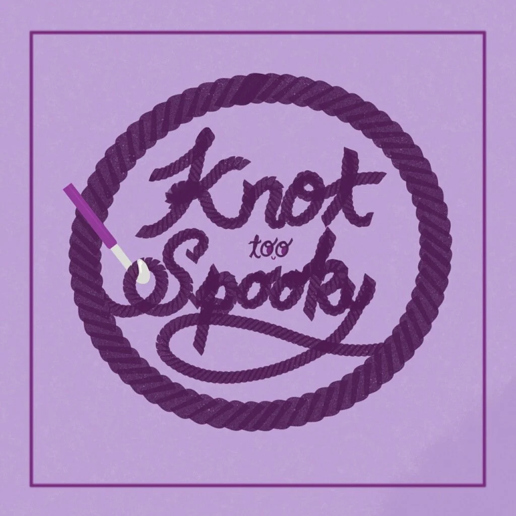 Purple graphic with the words "Knot too Spooky" written in rope-style lettering inside a rope circle, with a crochet hook on the left side.