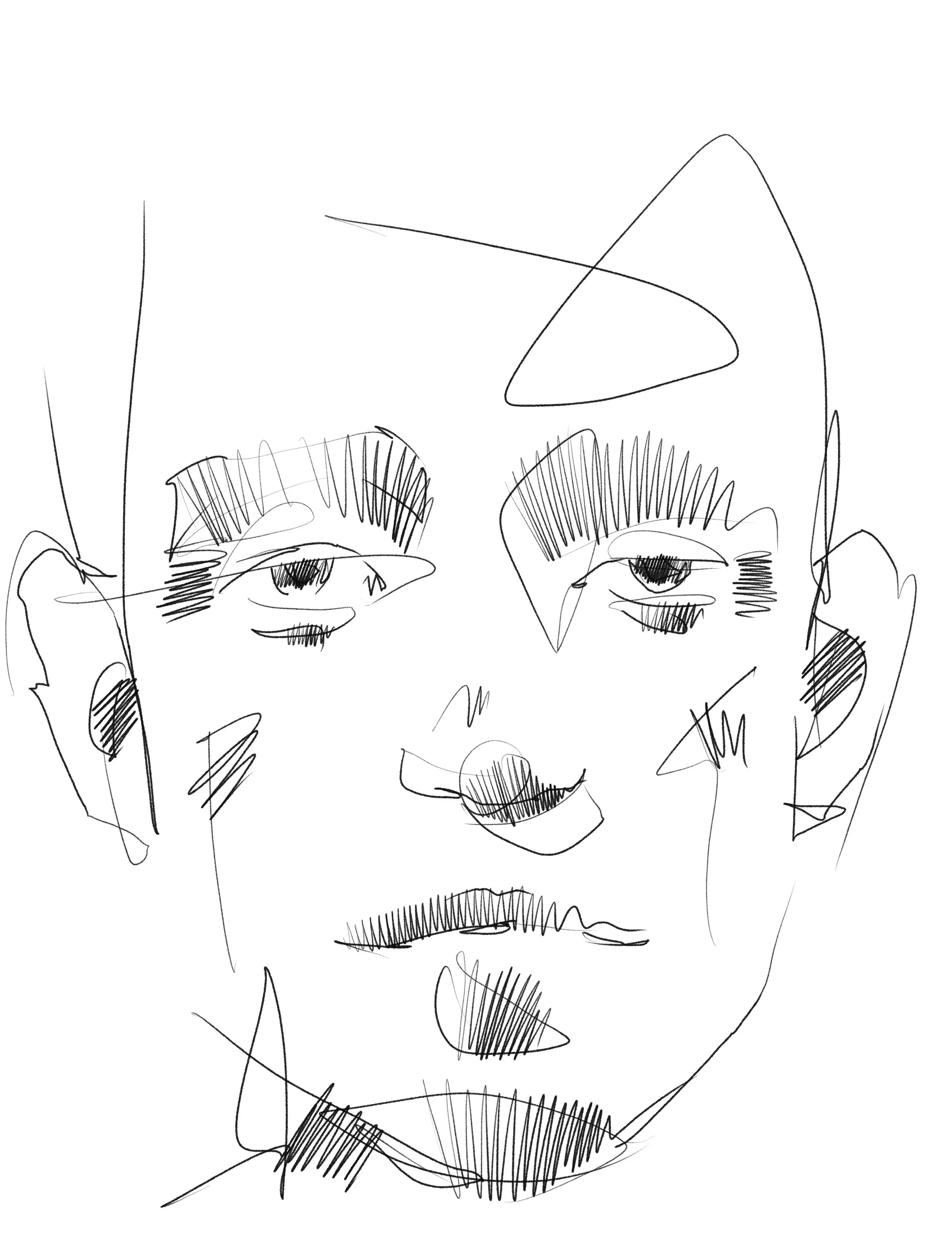 Eine moderne, kreative Strichzeichnung eines menschlichen Gesichts mit markanten Augenbrauen, Nasenflügeln und Lippen.