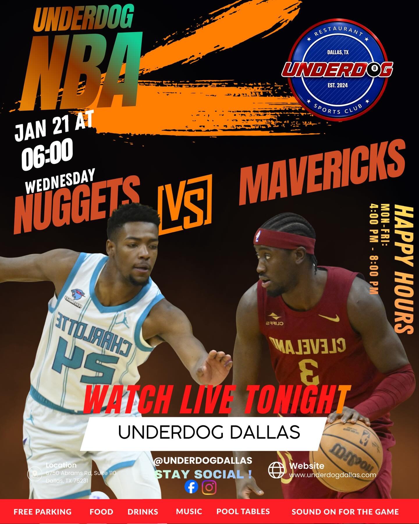 🏀 NBA doubleheader at Underdog TONIGHT 🏀 Big plays. Cold drinks. Wall-to-wall screens.
⏰ Cavs vs Hornets &mdash; 6PM CT ⏰ Thunder vs Bucks &mdash; 8:30PM CT
Pull up early, stay late, and catch every bucket with us 🍻
If you&rsquo;re watching the NB