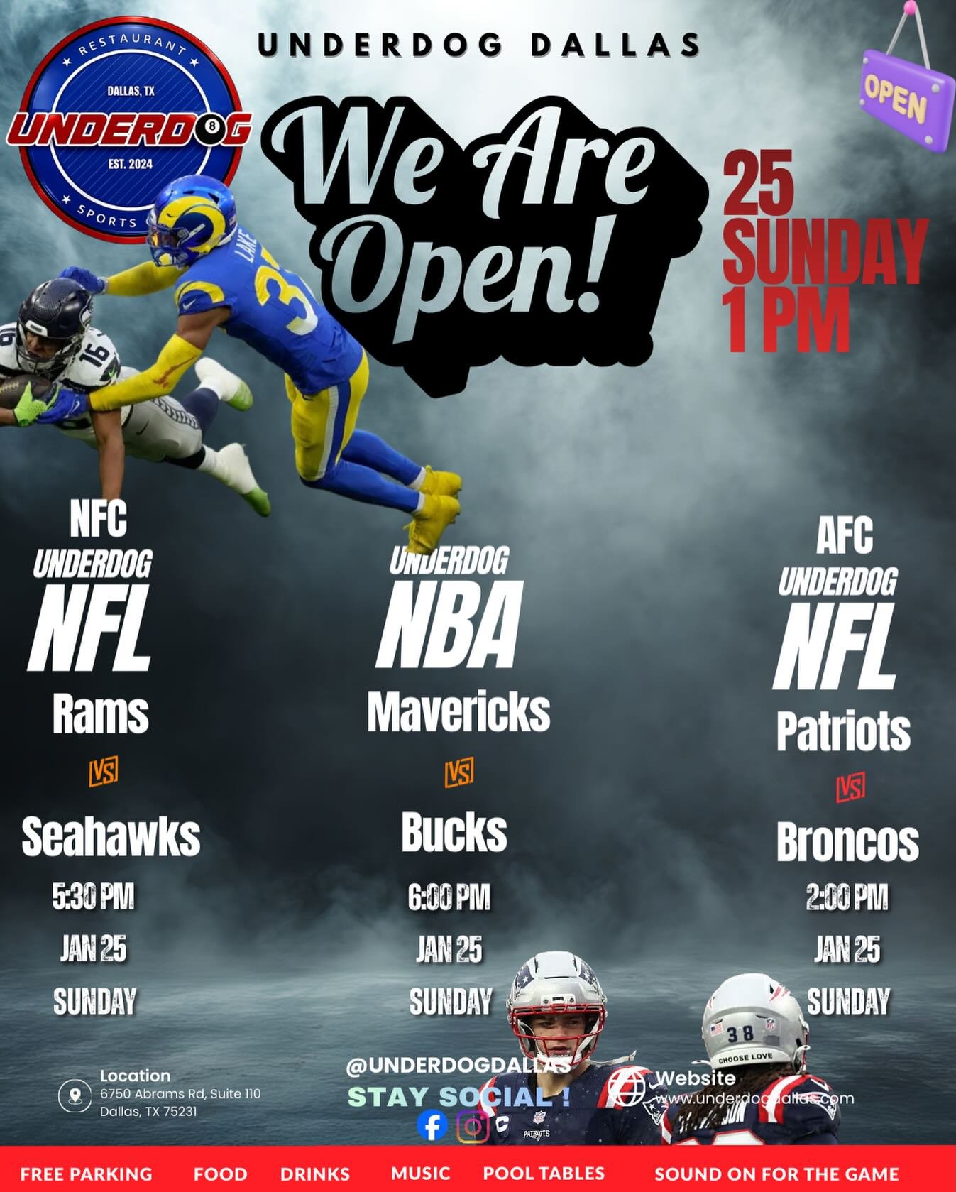 WE&rsquo;RE OPEN THIS SUNDAY &mdash; JAN 25 🍻🏈🏀
Cold weather won&rsquo;t stop us &mdash; the **Underdog team is excited to open at **🕐 1:00 PM this Sunday so you can kick back and enjoy your favorite games with us.
🔥 LIVE GAMES ON ALL SCREENS: &