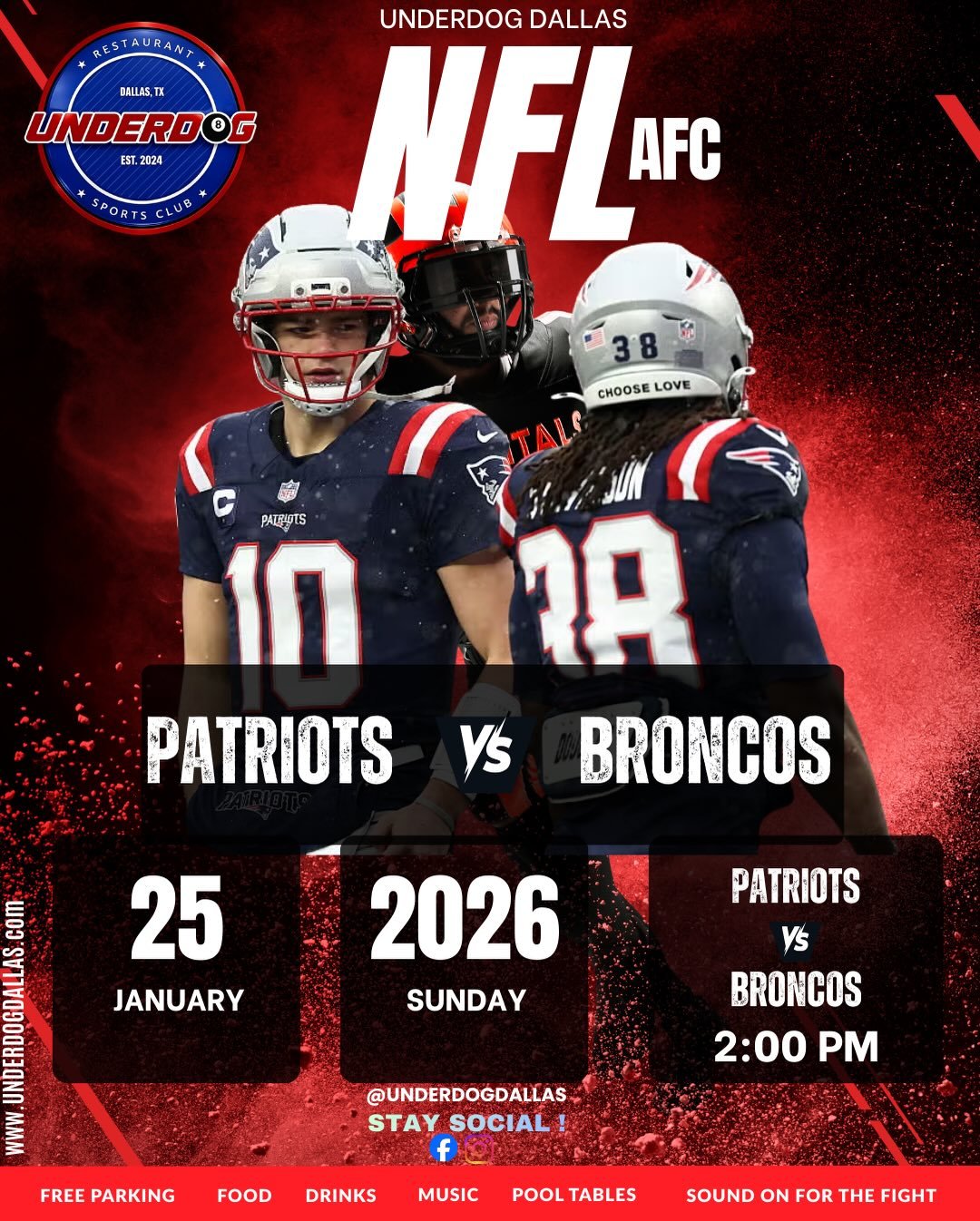 SUNDAY = CHAMPIONSHIP SUNDAY AT UNDERDOG 🔥
Three massive games. One place to watch them all.
🏈 NFL | AFC Championship New England Patriots vs Denver Broncos 🕐 2:00 PM CT | 📺 CBS
🏈 NFL | NFC Championship Los Angeles Rams vs Seattle Seahawks 🕟 5: