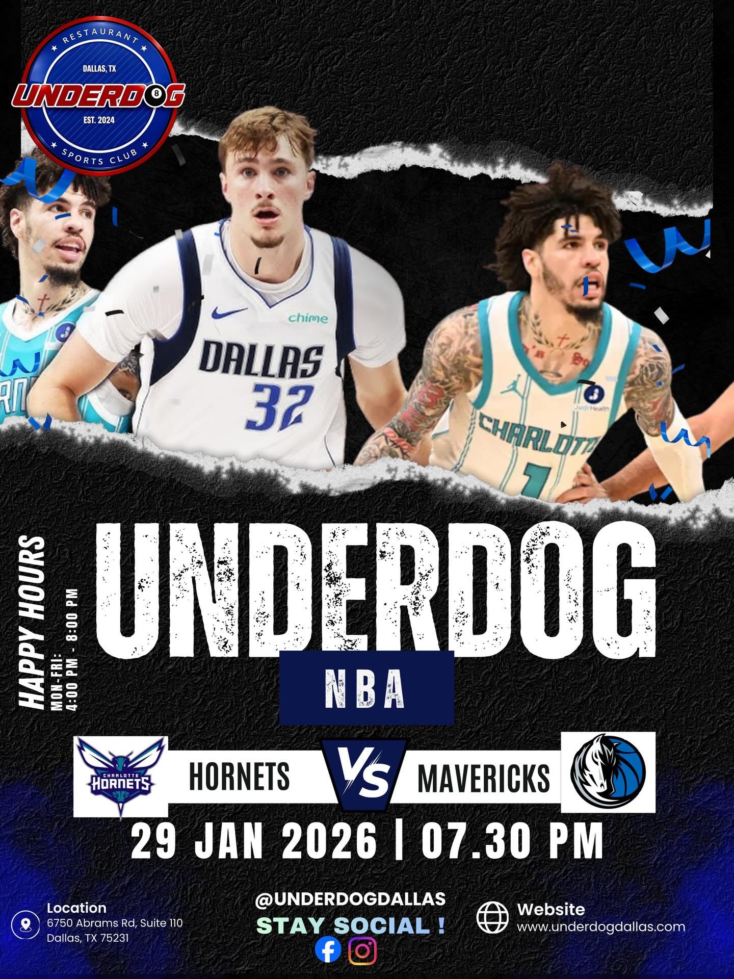 🏀🏒 GAME NIGHT AT UNDERDOG 🏒🏀
It&rsquo;s a full night of live sports at Underdog Restaurant &amp; Sports Club.
Start the evening with NBA action as the Charlotte Hornets take on the Dallas Mavericks at 7:30 PM CT, then stick around for NHL hockey 
