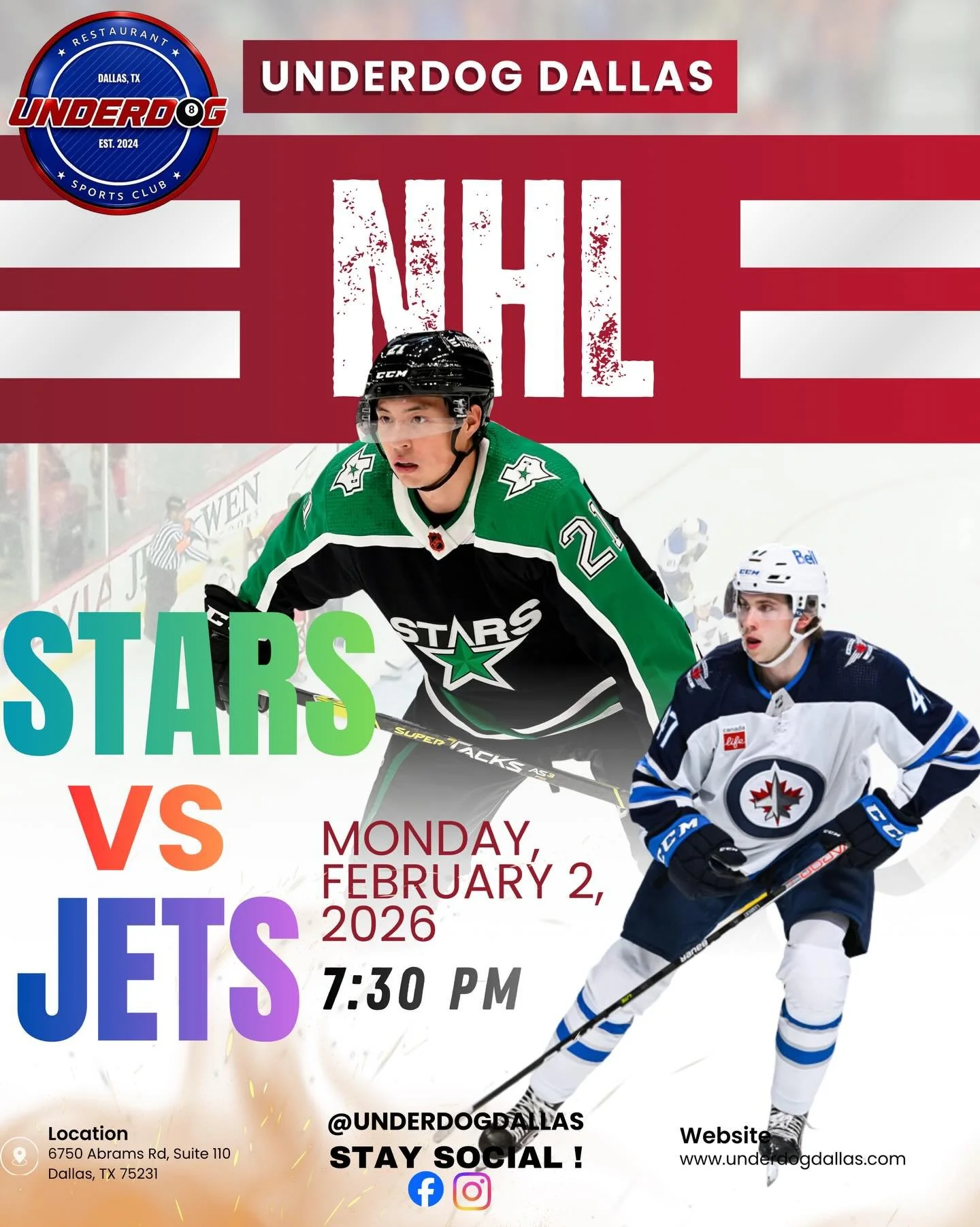 🏒 Jets vs Stars &mdash; Game Night in Dallas The Winnipeg Jets take on the Dallas Stars TONIGHT at 7:30 PM CT 🌟 Big hits, fast skating, and full game sound &mdash; this is hockey the right way.
📍 Underdog Restaurant &amp; Sports Club 6750 Abrams R
