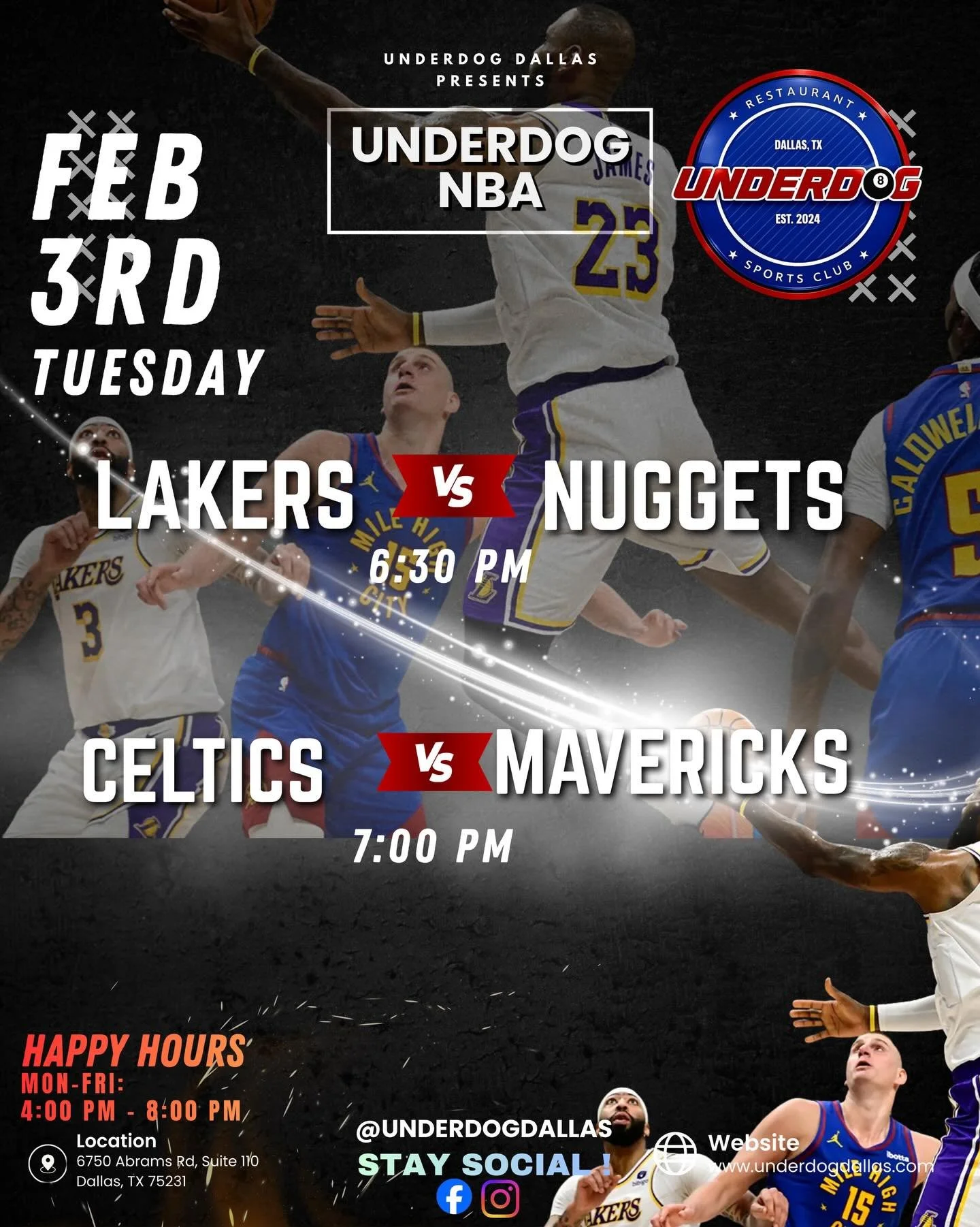🏀 Celtics vs Mavericks  and Lakers Vs Nets&mdash; LIVE at Underdog! Tuesday night hoops hits different when Boston comes to Dallas. 🍀⭐️
📍 Underdog Restaurant &amp; Sports Club 🕖 Tip-off: 6:30 PM CT 📺 NBC Sports Boston | Peacock | KFAA 🍻 Cold dr