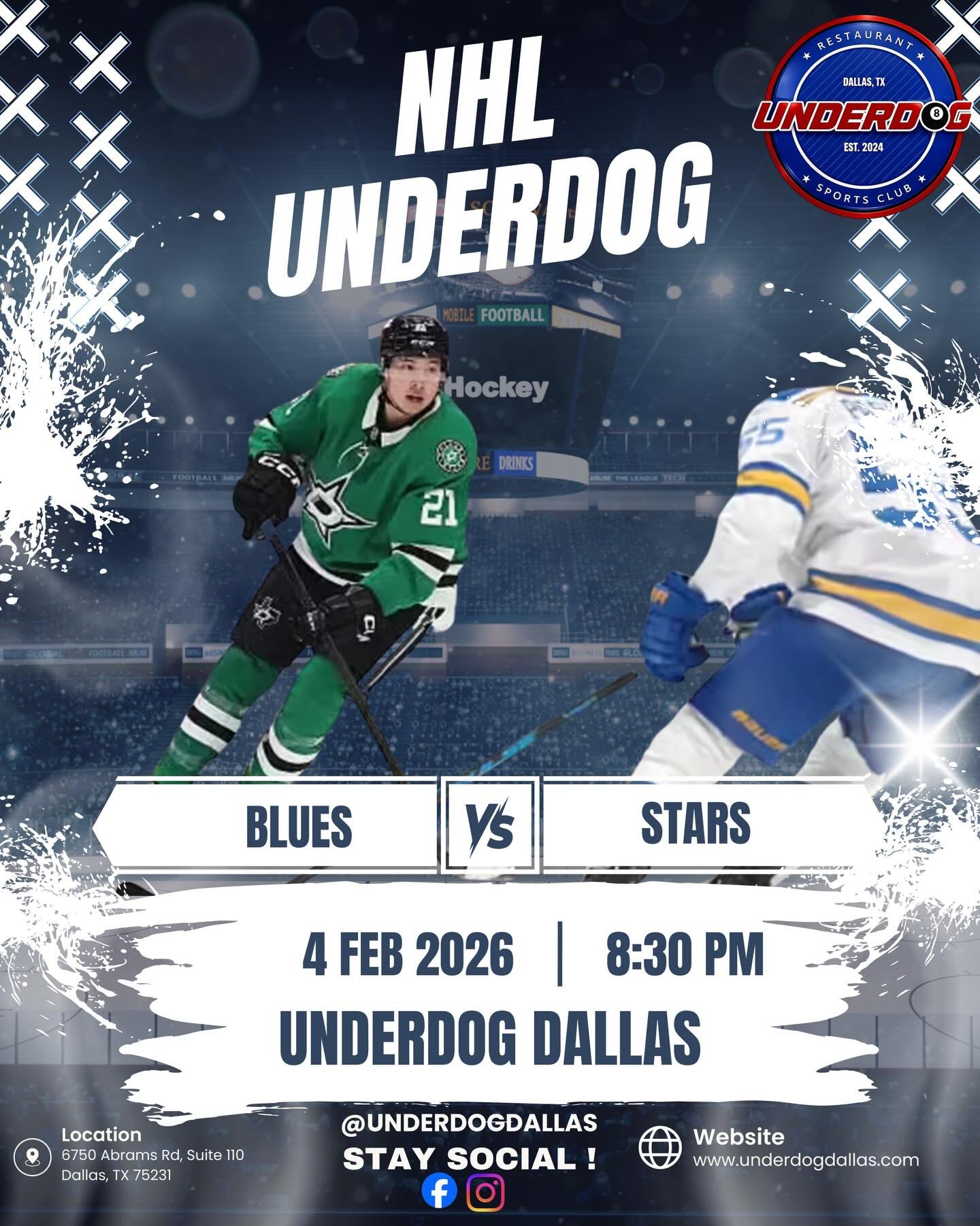 FINAL BEFORE THE BREAK 🏒❄️
The Dallas Stars and St. Louis Blues hit the ice one last time before the NHL Olympic break &mdash; and we&rsquo;re showing it LIVE tonight.
🕣 Tonight | 8:30 PM CT 🔥 Stars vs Blues 🍻 Cold drinks, full kitchen, game soun