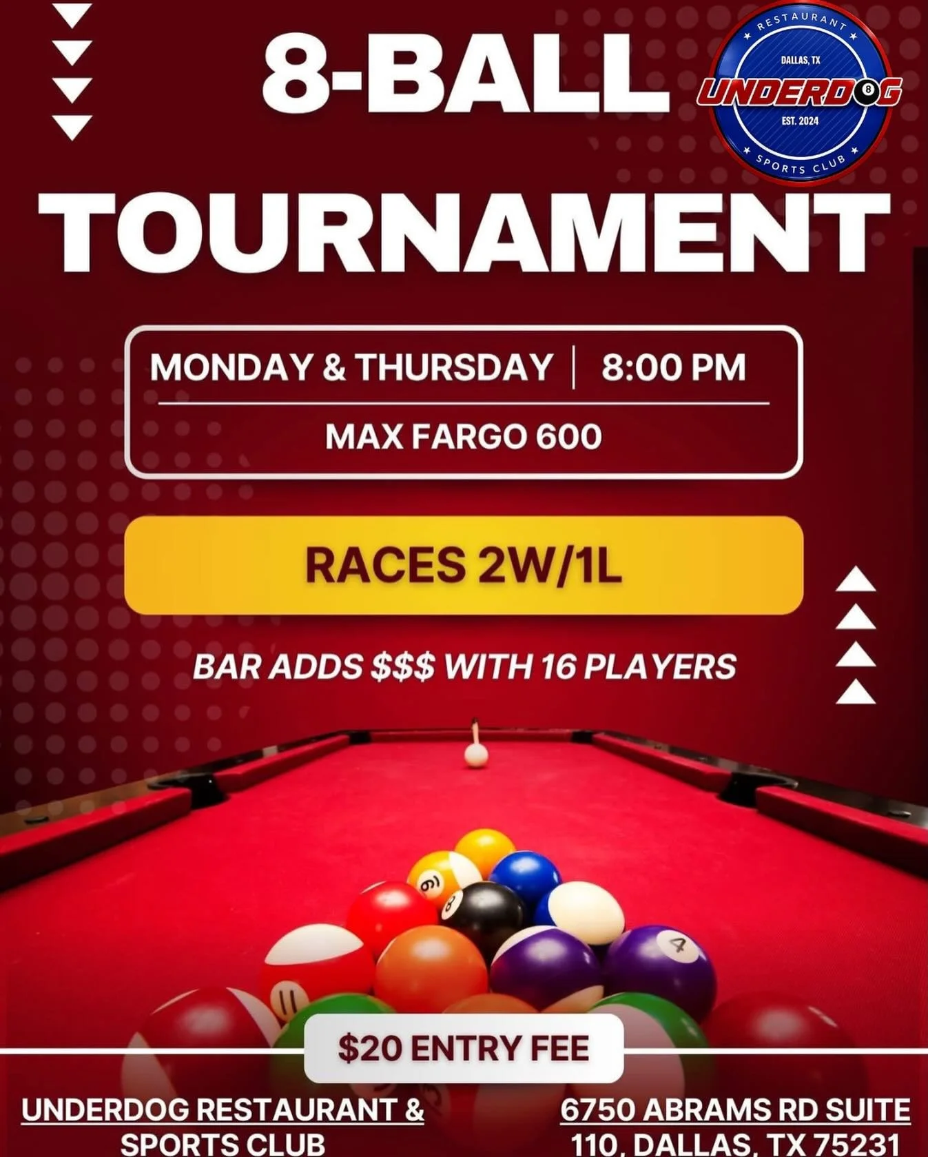 🎱 8-BALL TOURNAMENT NIGHTS AT UNDERDOG 🎱
Rack &lsquo;em up and show your skills! Join us every Monday &amp; Thursday at 8:00 PM for our 8-Ball Pool Tournament at Underdog Restaurant &amp; Sports Club.
🔥 Tournament Details: &bull; Max Fargo: 600 &b