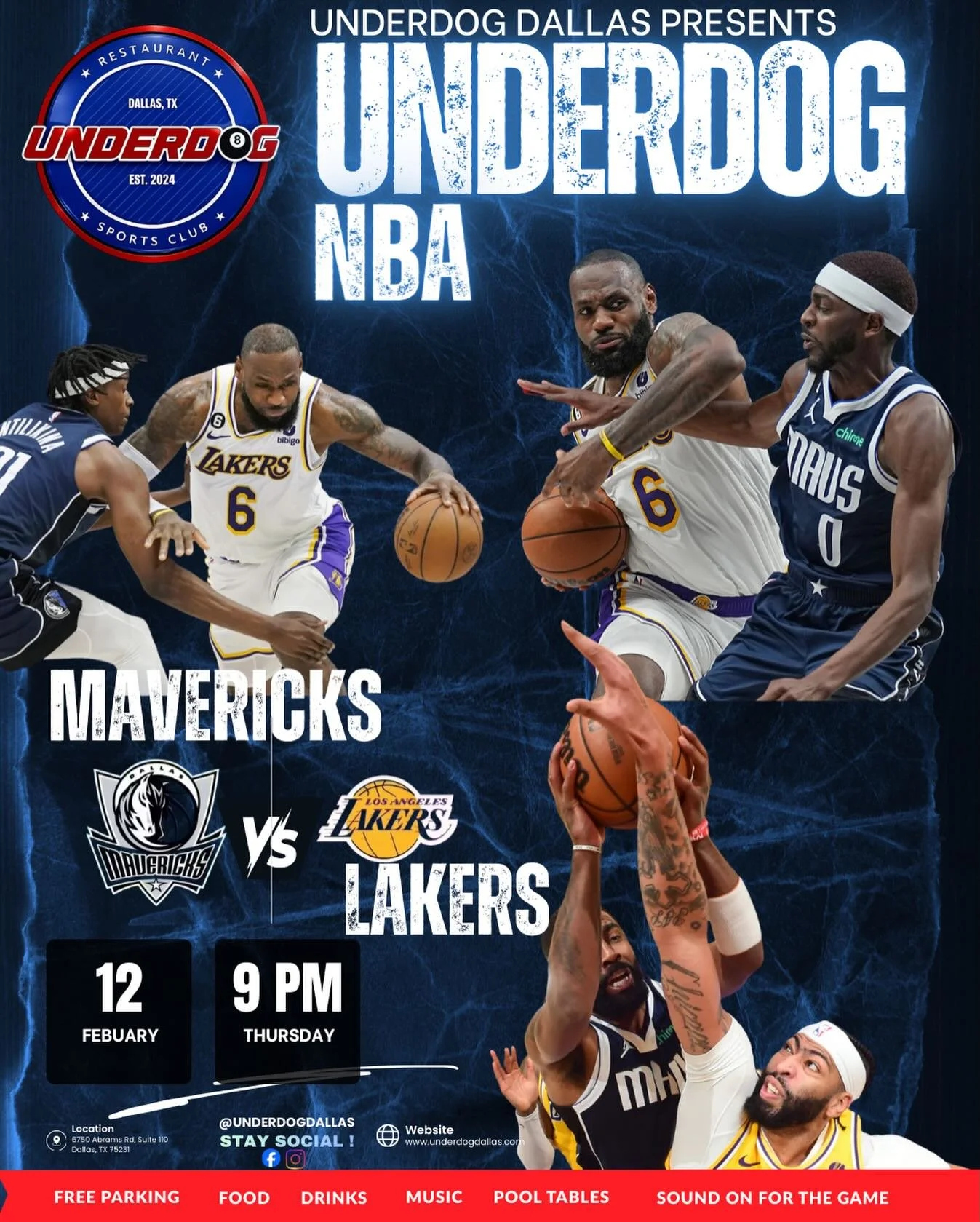 🔥 HYPE / GAME NIGHT VIBE
Dallas vs LA. Mavericks vs Lakers.
Big screens. Sound ON. Energy UP. 🏀🔥

📅 Thursday, Feb 12
⏰ 9 PM
📍 Underdog Dallas

Pull up early, grab drinks, and watch it go down the right way.#dfwrestaurants #dallasmavericks #laker