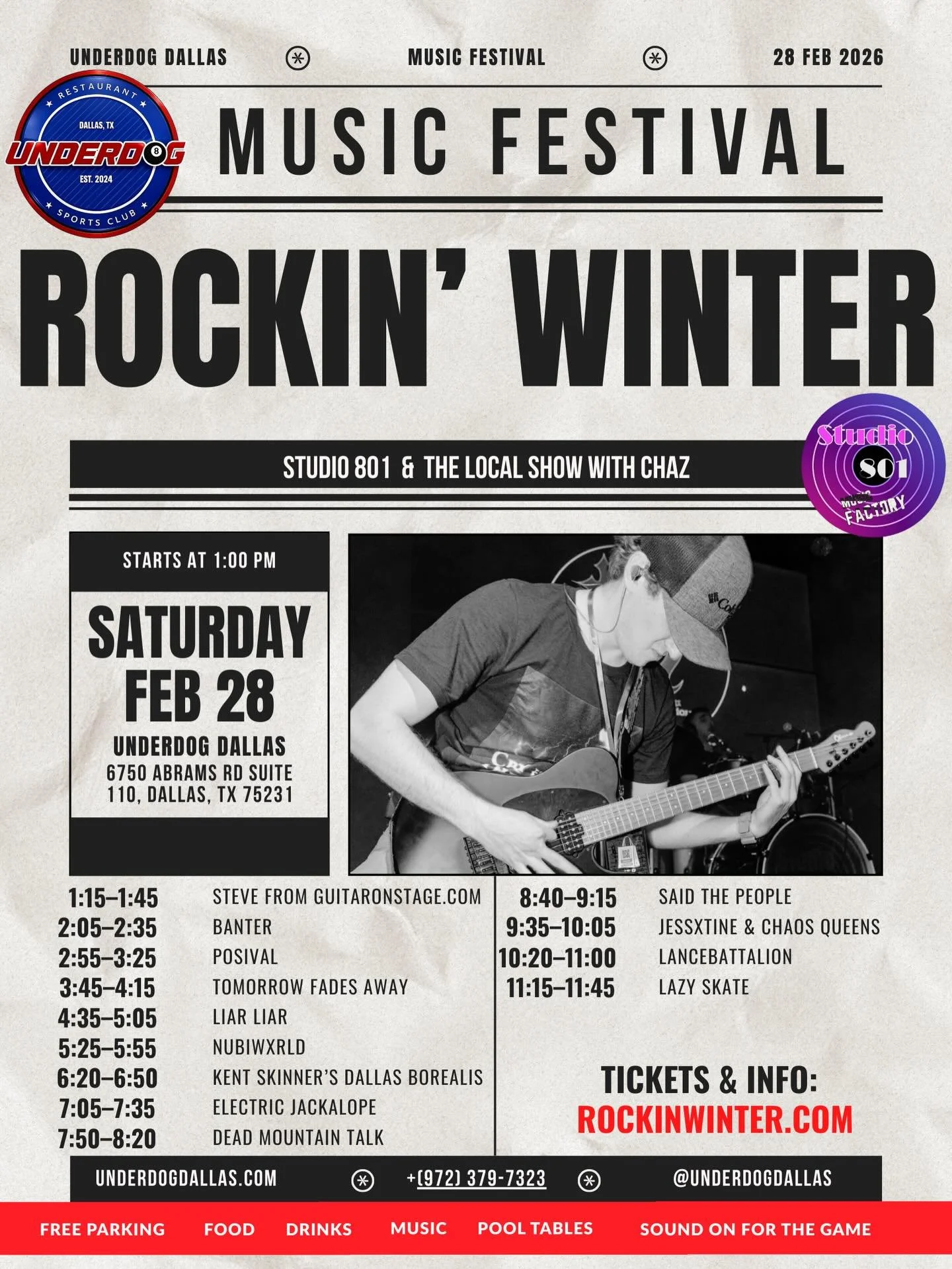 🔥 DALLAS &mdash; ARE YOU READY TO ROCK? 🔥
ROCKIN&rsquo; WINTER MUSIC FESTIVAL is taking over Underdog for a full weekend of ORIGINAL LIVE MUSIC 🎸
Studio 801 + The Local Show with Chaz and 20+ killer bands
💥 ONE online ticket gets you into BOTH th