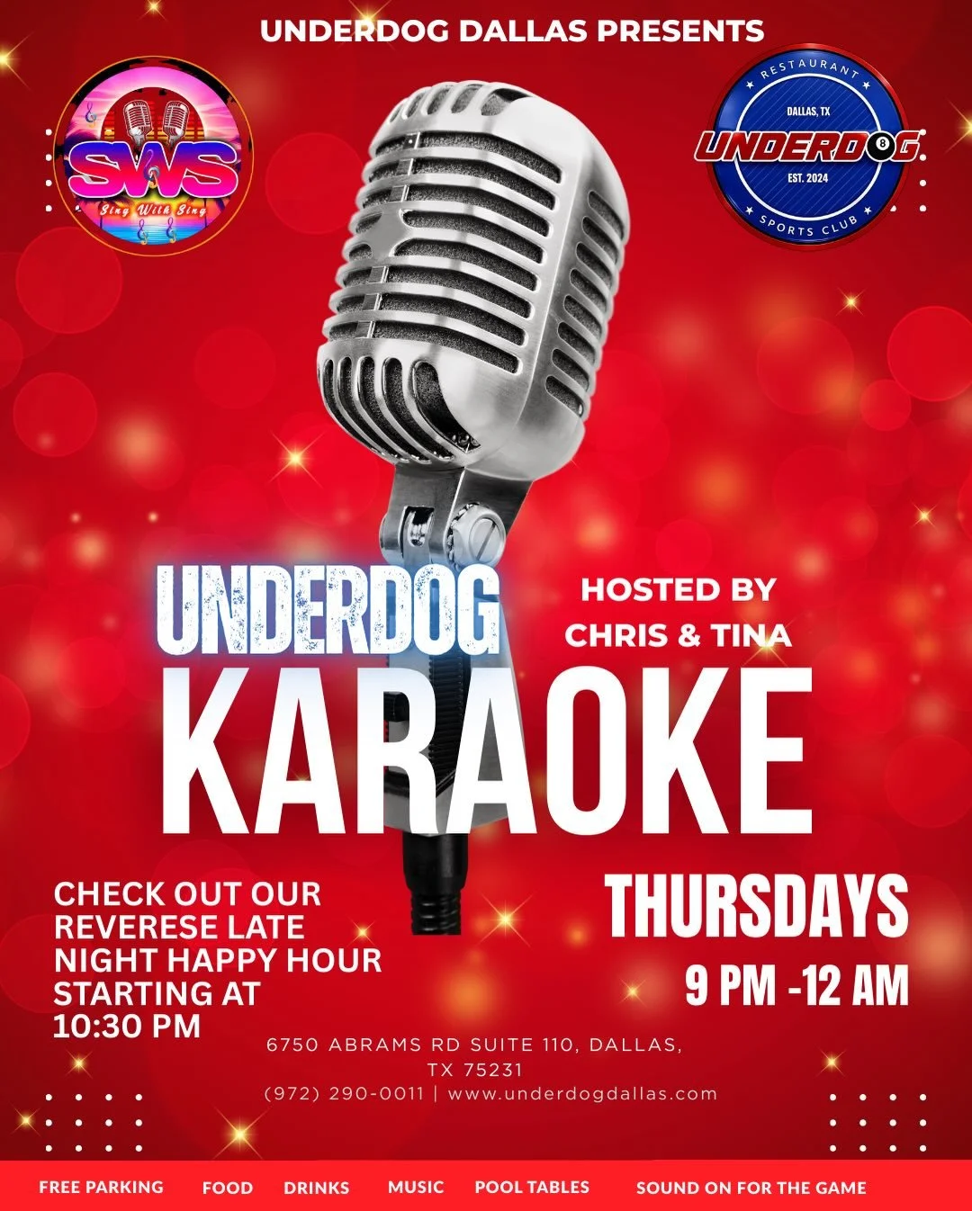 Your weeknights just leveled up at Underdog Restaurant &amp; Sports Club 🎱🎤

🎱 8-Ball Tournament &ndash; Tuesdays &amp; Thursdays at 8:15 PM
$20 entry | Max Fargo 600 | Races 2W / 1L

🎤 Karaoke Night &ndash; Thursdays 9 PM &ndash; 12 AM
Hosted by