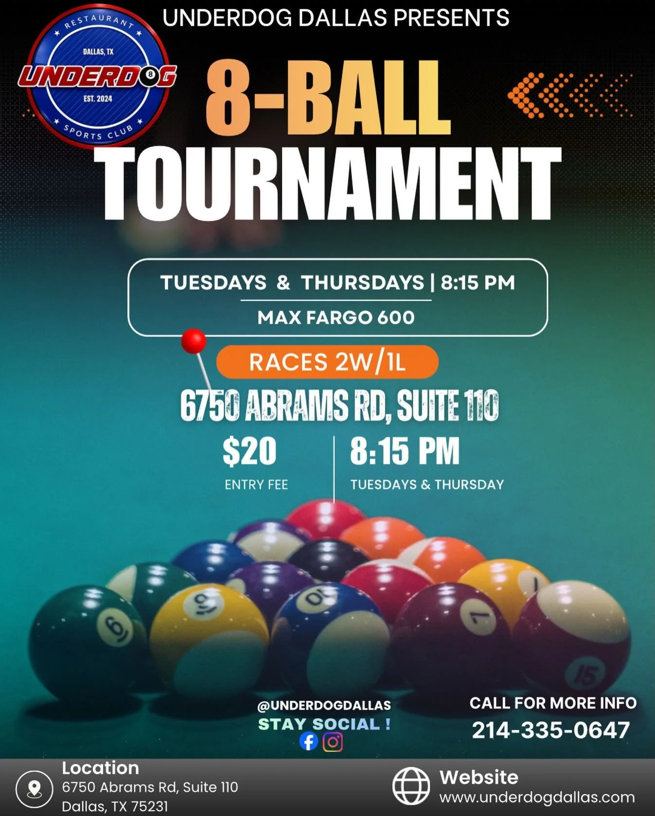🚨 ALL NEW TUESDAY NIGHT 8-BALL TOURNAMENT 🚨

Underdog Dallas presents our weekly 8-Ball Tournament &mdash; now every Tuesday &amp; Thursday at 8:15 PM 🎱

📍 6750 Abrams Rd, Suite 110 &ndash; Dallas, TX
💵 $20 Entry Fee
🎱 Max Fargo 600
🏁 Races 2W