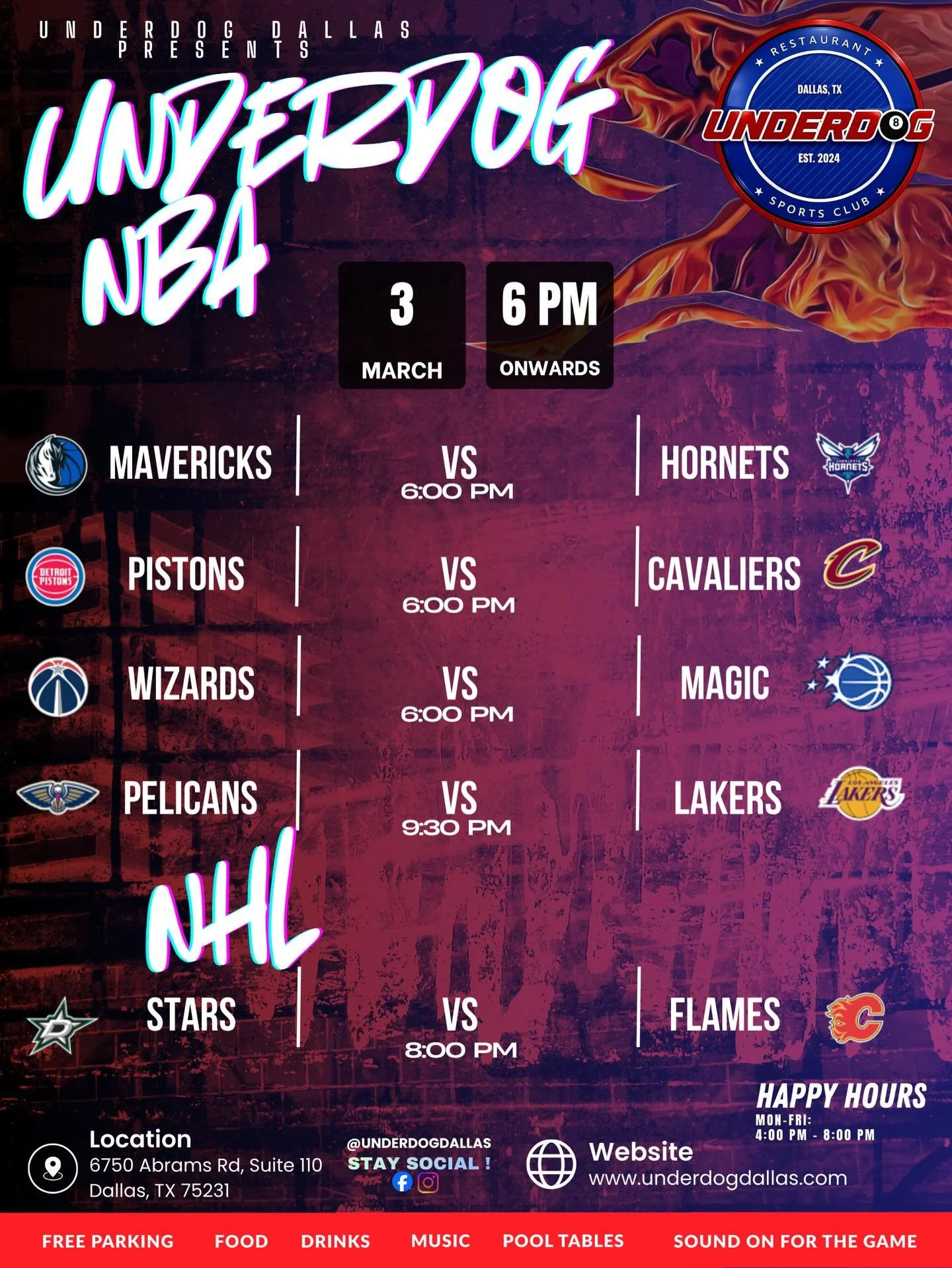 TONIGHT AT UNDERDOG 🔥🏀🏒
Your Monday night is STACKED and we&rsquo;ve got every screen ready.
🏀 NBA Action &ndash; 6PM Onward Mavericks vs Hornets Pistons vs Cavaliers Wizards vs Magic Pelicans vs Lakers (9:30PM)
🏒 NHL &ndash; 8PM Stars vs Flames