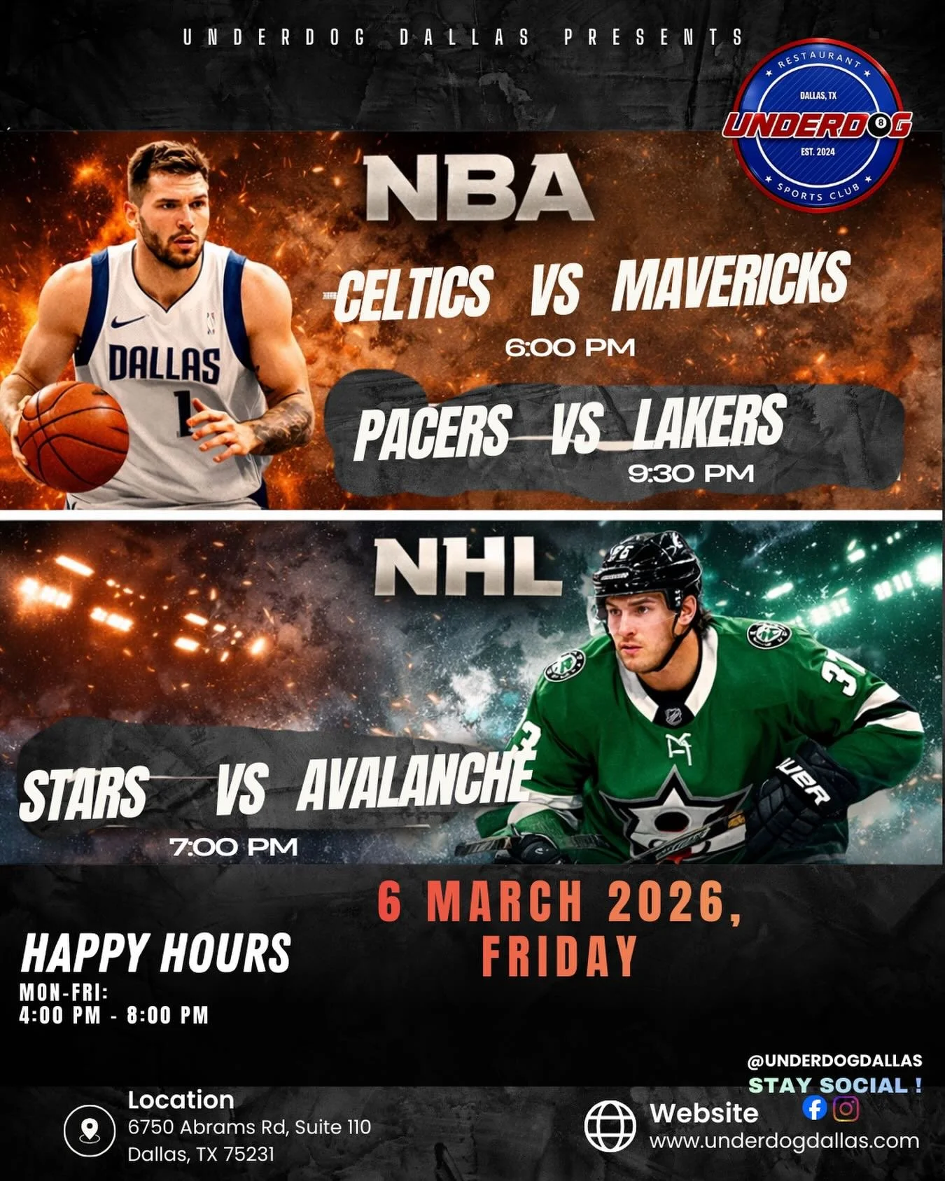 🏀 Friday Night Hoops + Hockey at Underdog! 🏒

It&rsquo;s a stacked night of action on March 6 and every screen will be live.

🔥 NBA
Celtics vs Mavericks &mdash; 6:00 PM
Pacers vs Lakers &mdash; 9:30 PM

⭐ NHL
Stars vs Avalanche &mdash; 7:00 PM

Gr