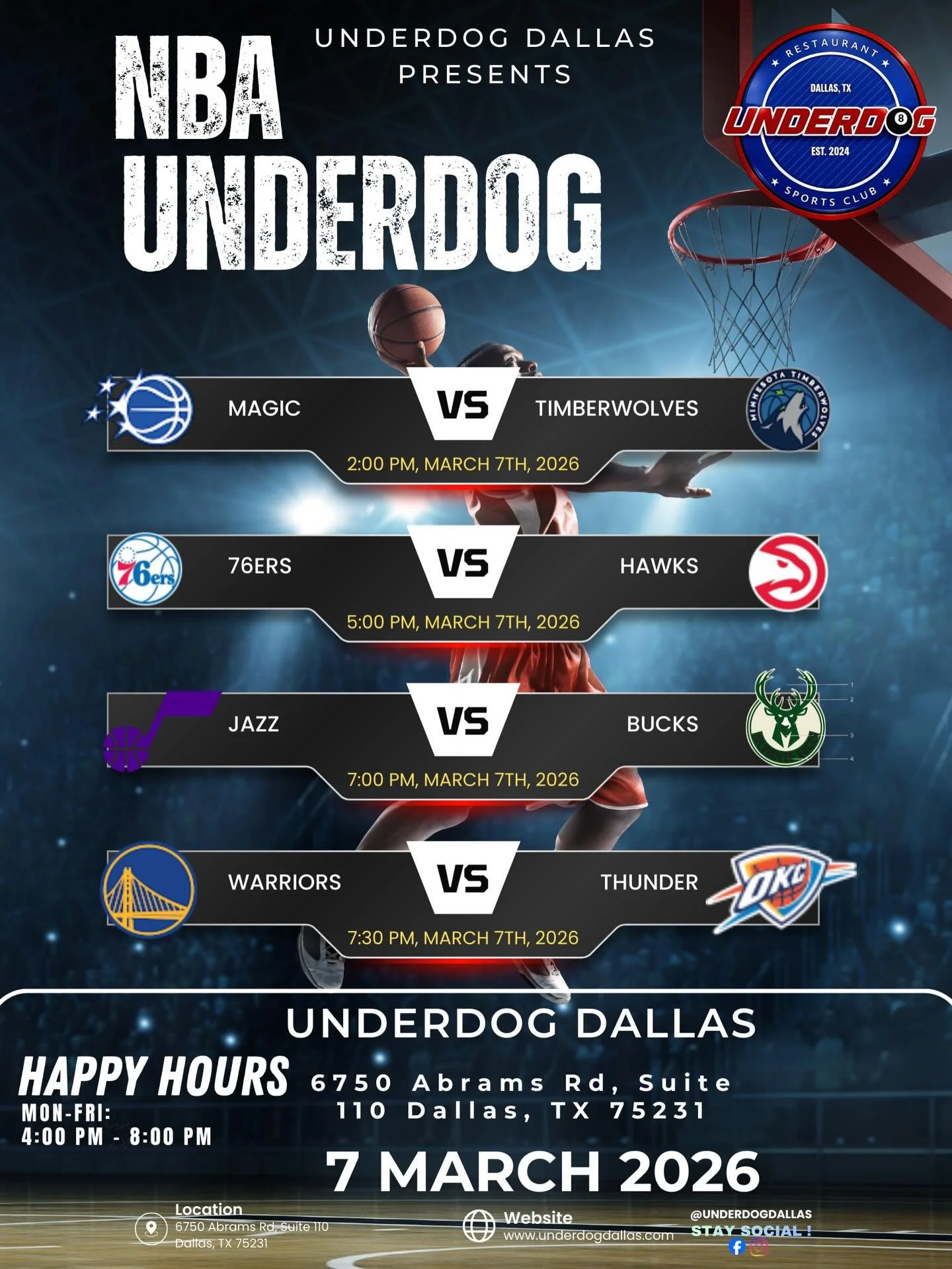 🏀 NBA SATURDAY AT UNDERDOG! 🏀

Basketball fans, this Saturday is stacked with back-to-back action! Catch every game live with great food, cold drinks, and the ultimate game-day atmosphere at Underdog Dallas.

🔥 Game Lineup &ndash; March 7, 2026
&b