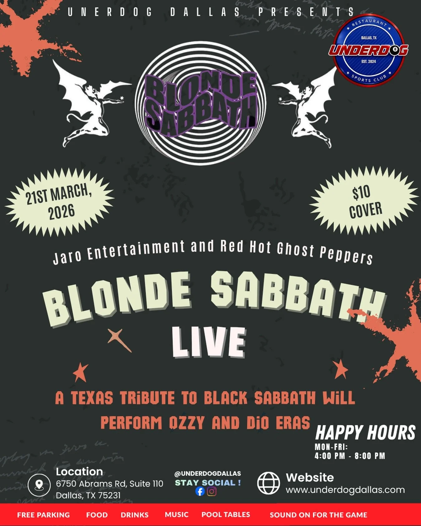 🔥 DALLAS&hellip; THIS ONE&rsquo;S GONNA GET LOUD 🔥

Blonde Sabbath is taking over Underdog 🤘
A full-on tribute to Black Sabbath &mdash; Ozzy + Dio eras

📅 March 21
💸 $10 Cover
🎸 Live music + full band energy

Featuring:
⚡ Blonde Sabbath
🌶 Red 