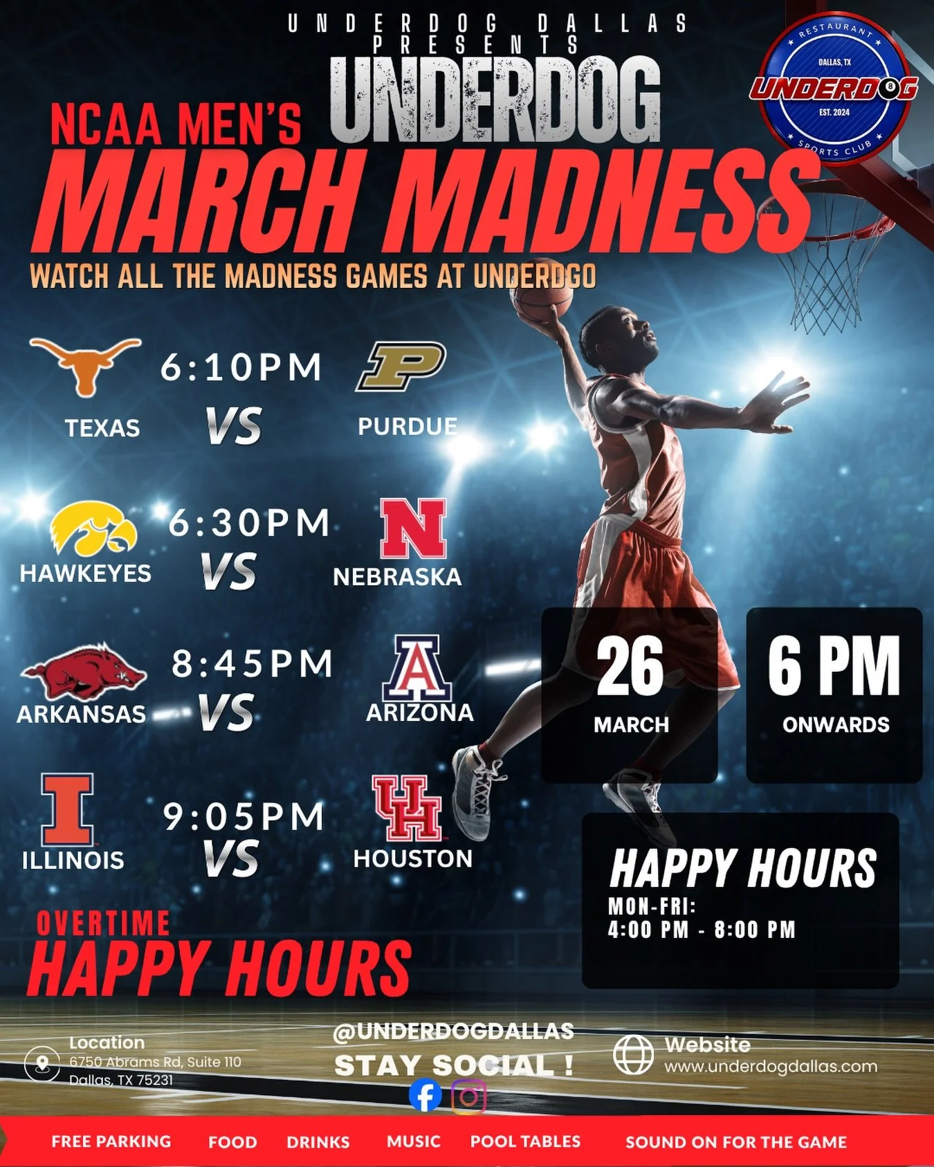 🔥 IT&rsquo;S MARCH MADNESS AT UNDERDOG 🔥
The madness is REAL and we&rsquo;ve got a stacked lineup tonight 👇
🏀 Texas vs Purdue &ndash; 6:10PM 🏀 Iowa vs Nebraska &ndash; 6:30PM 🏀 Arkansas vs Arizona &ndash; 8:45PM 🏀 Illinois vs Houston &ndash; 9